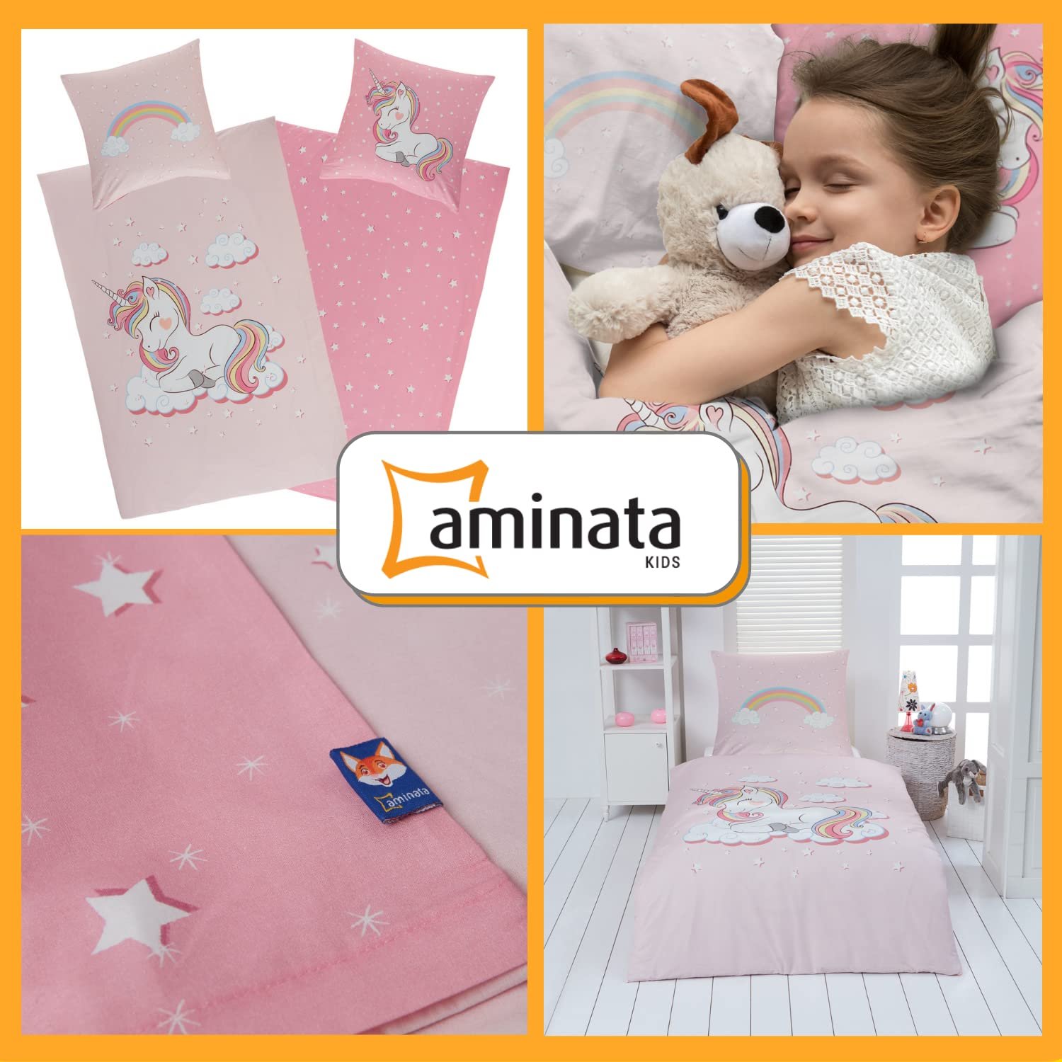 Постільна білизна Aminata kids Єдиноріг 135 x 200 см, 80 x 80 см, бавовняна, рожева, з блискавкою YKK, двостороння, з малюнком єдинорога, коні, фото №2