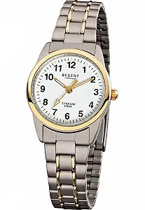 Часы Regent Кварцевые Аналоговые Женские Титановый Ремешок Серебристо-Золотой - Фото 1
