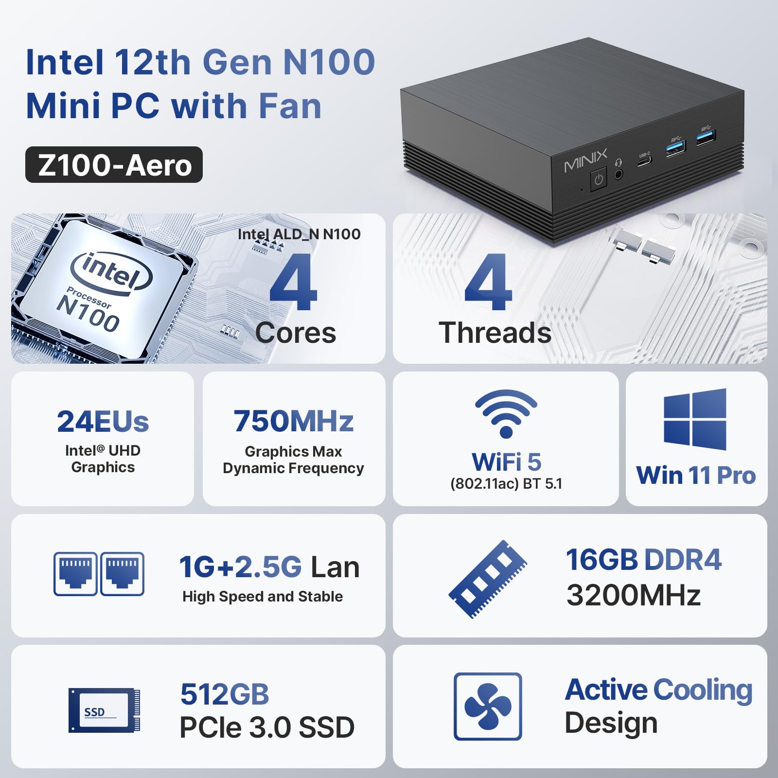 Мини-ПК MINIX NEO Z100-Aero Intel 12th Gen N100 16GB DDR4 512GB PCIe 3.0 X1 NVMe SSD Windows 11 Pro, фото №1