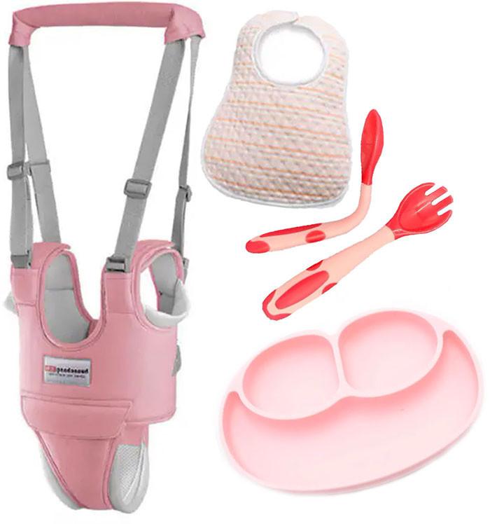 Набір дитячих вожж-холодників 2Life з підкладками слюнявчик силиконова та ложка-вілка Рожевий (n-1947), фото №1