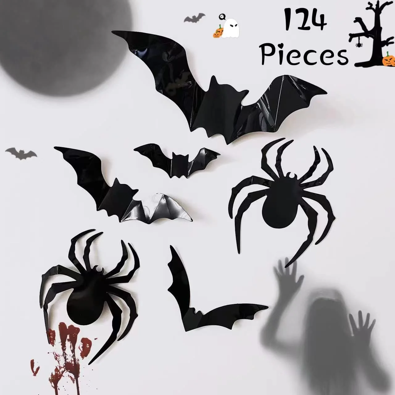 Наклейки на стіну 3D Halloween Кажани та павуки 124 шт. Чорний, фото №2