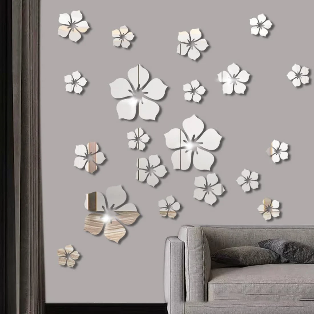 Наклейки на стену зеркальные 18 штук Акриловые цветы Серебристые, фото №4