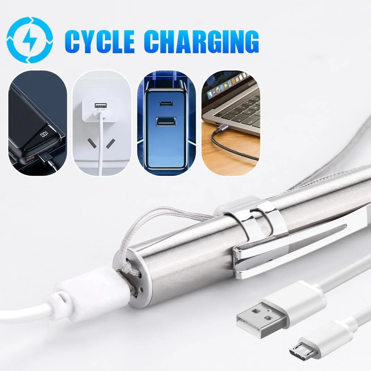 Ручний ліхтар WholeFire 3 шт LED Акумуляторний USB Міні кишеньковий Ручка з нержавіючої сталі Водостійкий для сумочки з кліпсою + USB-кабель для механіків, фото №7