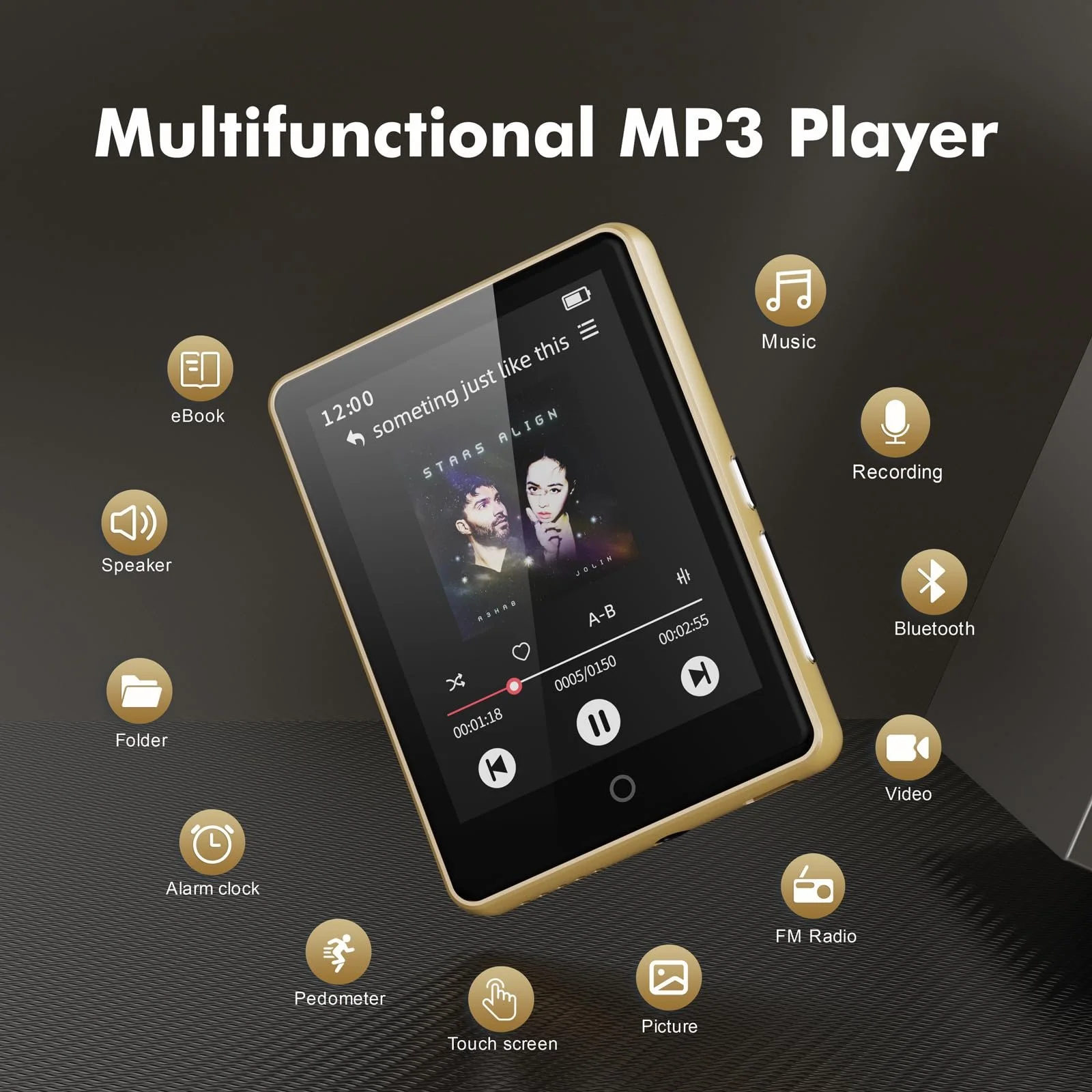 MP3 плеєр Bluetooth 5.3 з динаміком 64 ГБ, 2.8-дюймовий дисплей, Hi-Fi звук, FM-радіо, спортивний крокомір, підтримка карт пам'яті до 128 ГБ Золотий, фото №4