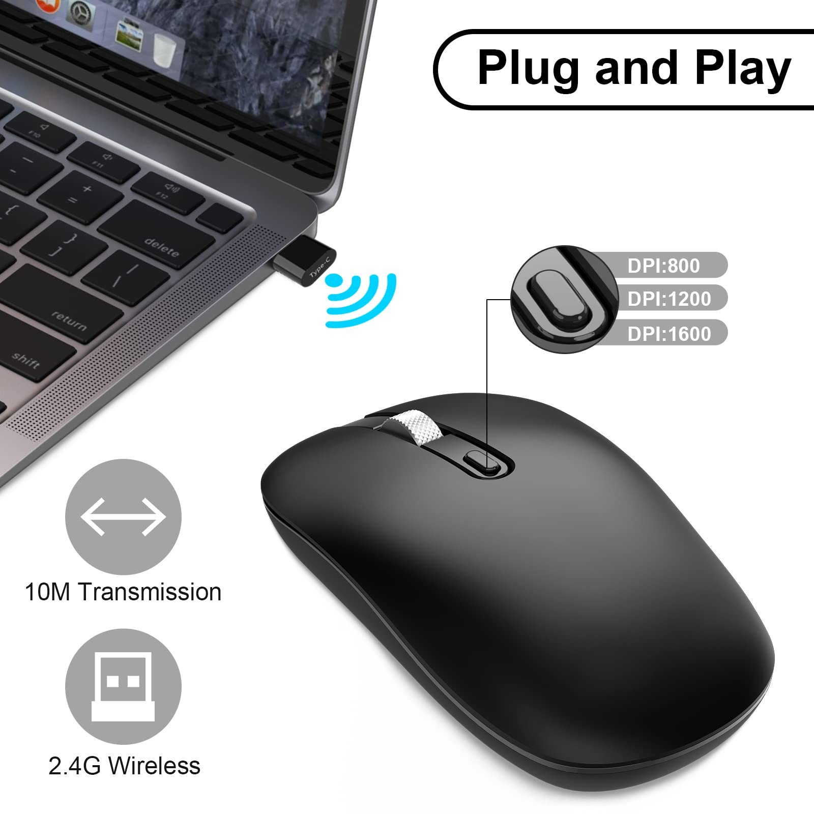 Миша Cimetech Wireless 2.4 GHz USB C, бездротова, тиха, ергономічна, 3 DPI, регульована, фото №2
