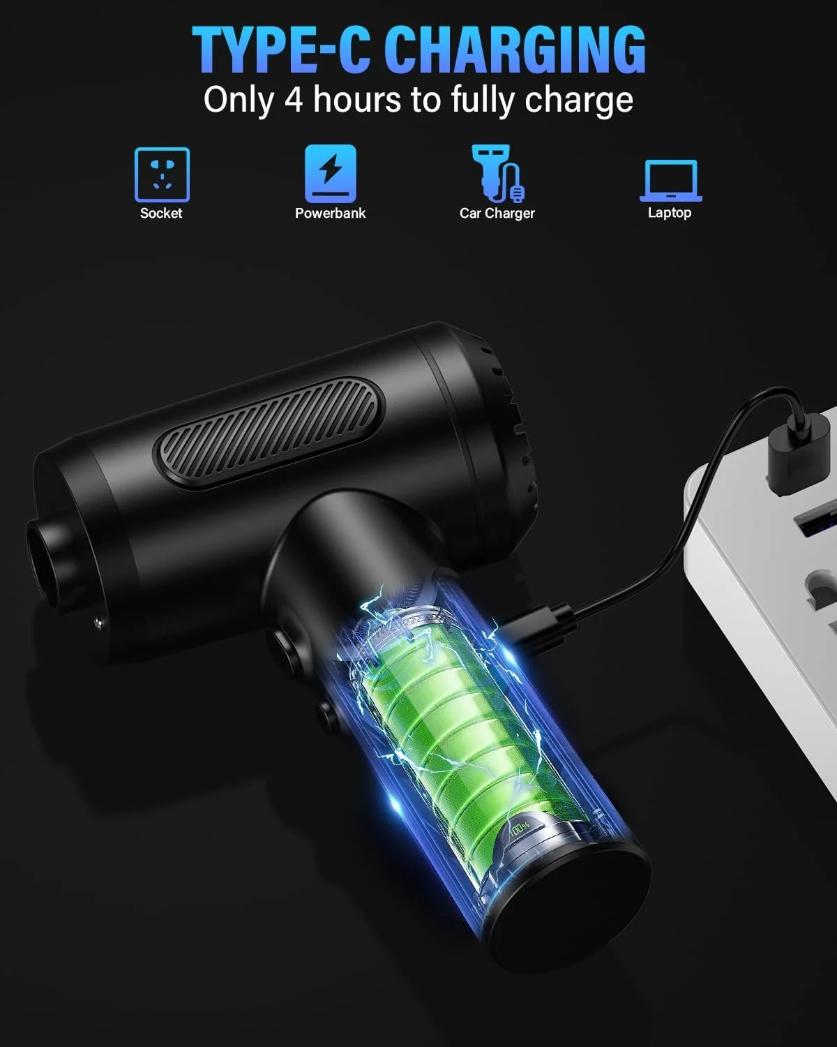 Електричний повітродувка  3-швидкісний 91000 об/хв 6000 мАг USB, фото №5