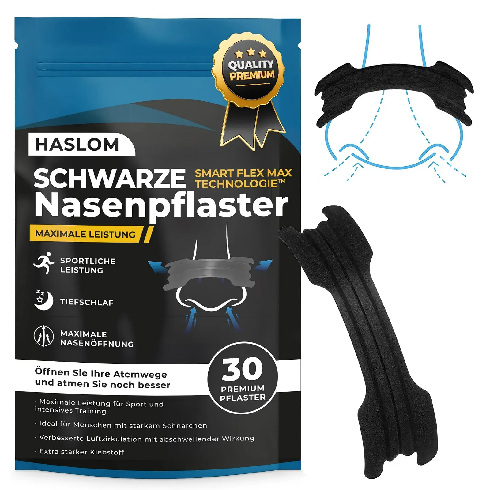Пластыри на нос Haslom Performance Black, 30 шт., против храпа, максимальная адгезия для спорта и сна., фото №1