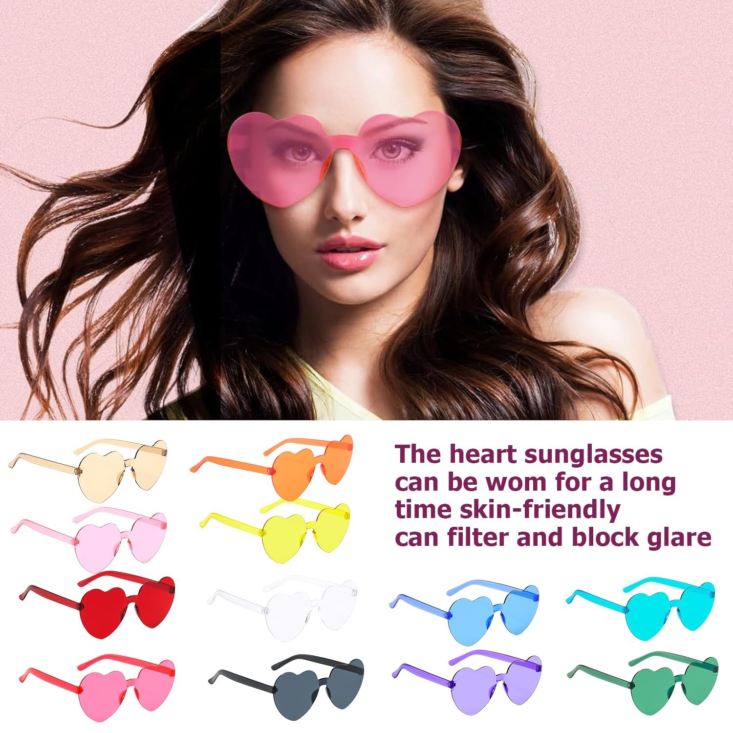 Окуляри Серце WANDGU Набір з 24 шт., неонові різнокольорові, 12 кольорів, безободкові, прозорі, фото №4