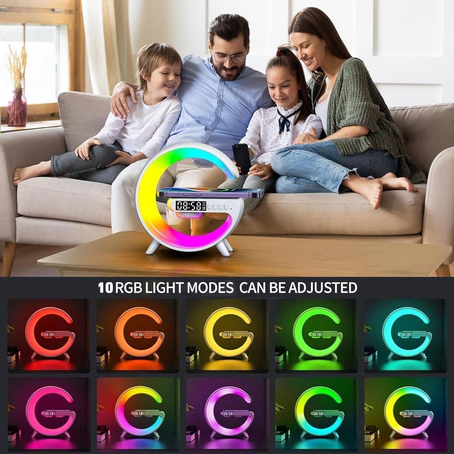 Настільна лампа HoldOneLight Бездротова зарядка Bluetooth-колонка Годинник Будильник 7 режимів Біла, фото №4