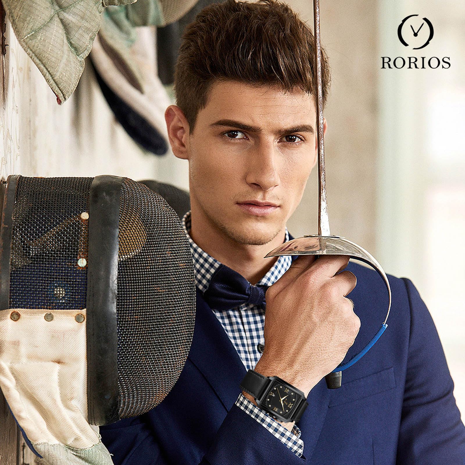 Часы rorios Кварцевые Мужские Квадратные Водонепроницаемые с Бриллиантами Календарь Светящийся Нержавеющая Сталь, фото №2