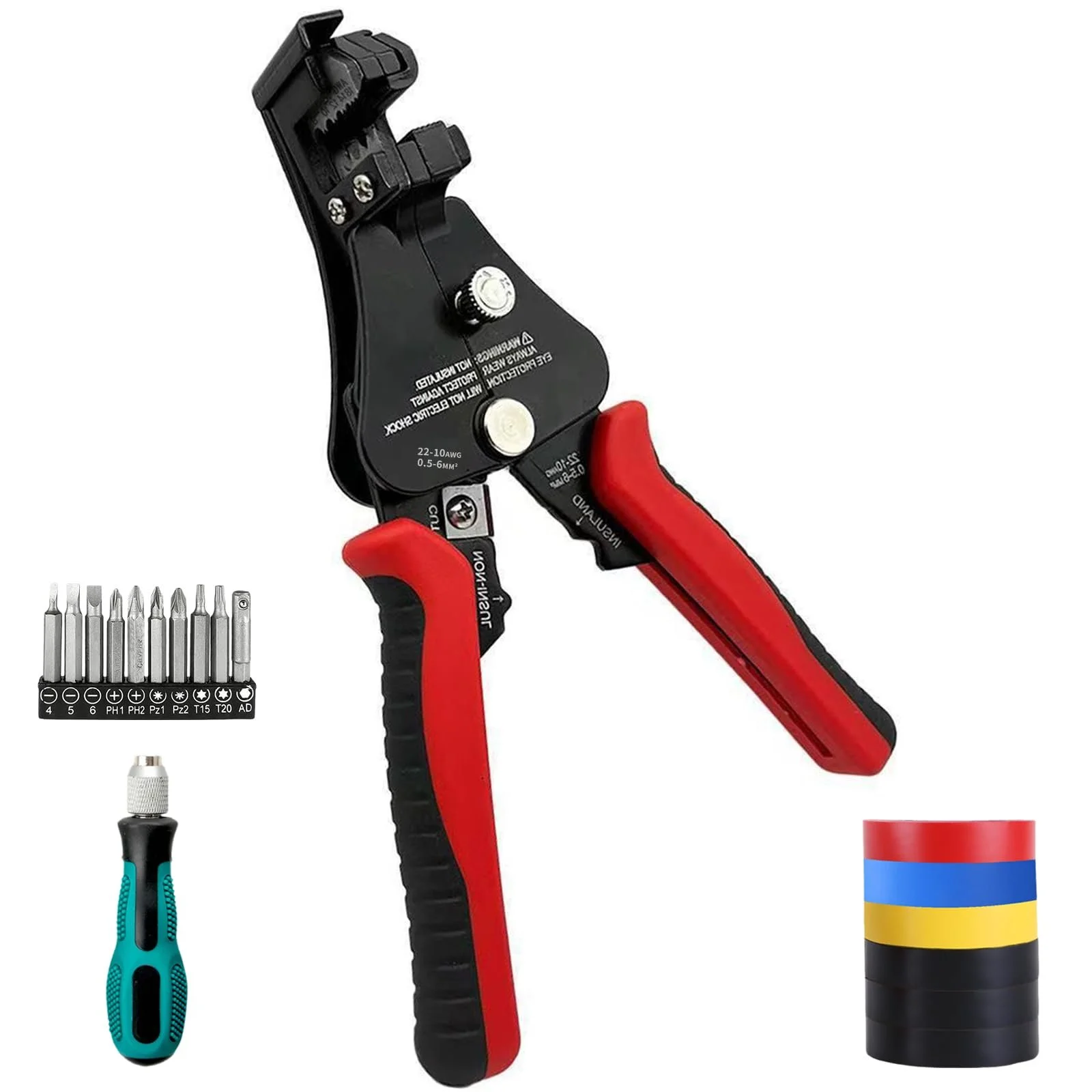 Автоматический стриппер металлический регулируемый с ограничителем длины, отверткой и 6 мотками изоленты, фото №1