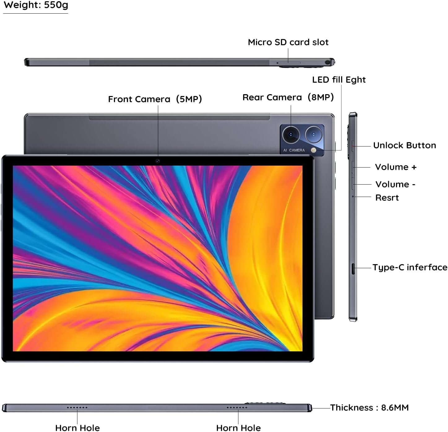 Планшет 10.1" HD Beneve M39 4/64Gb 4 ядра Android 11 6000 mAh Серый, фото №7