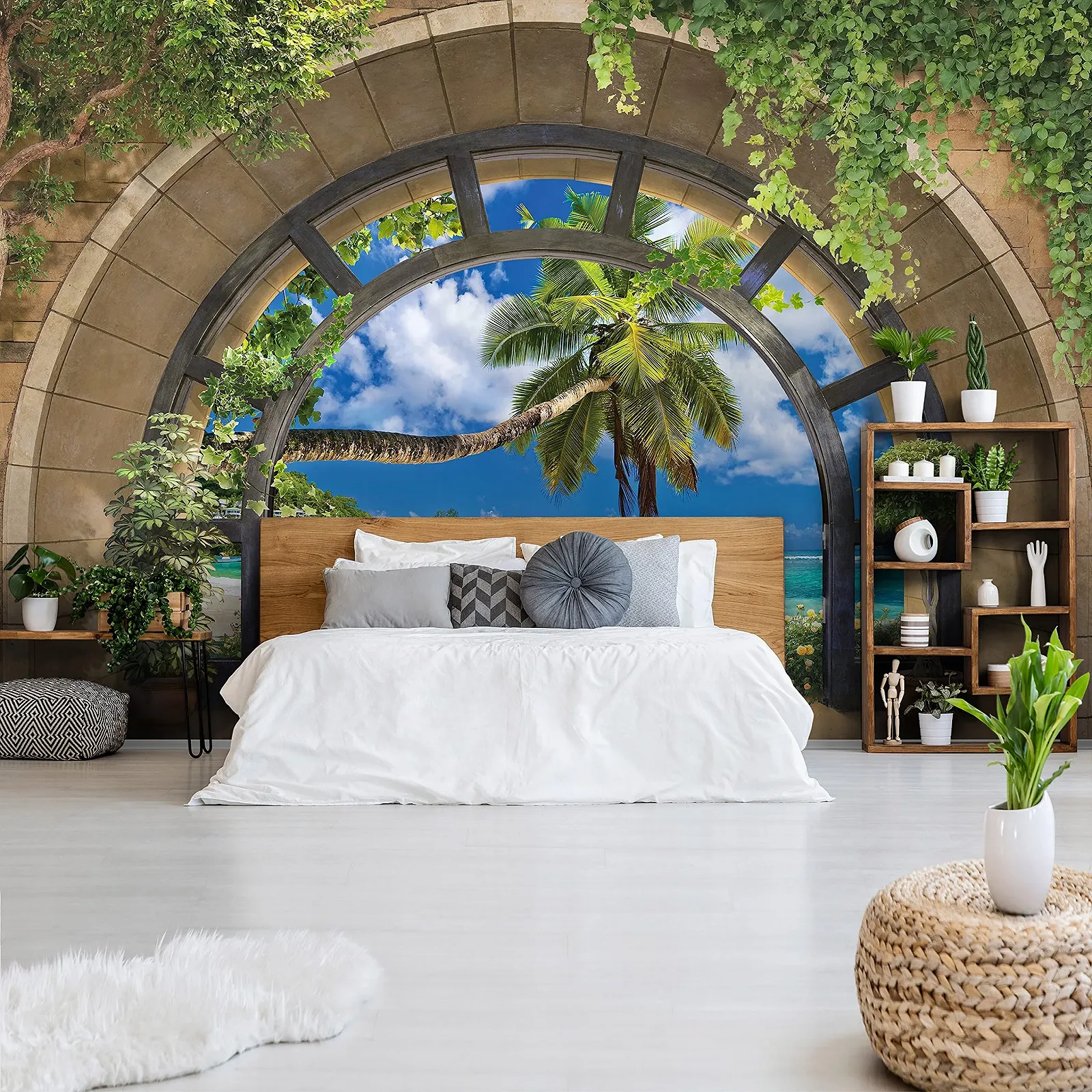 Фотошпалери 11554 VEXXL 3D Вікно Пляж Море Пальми 312 x 219 см 3 Панелі Флізелінові, фото №5