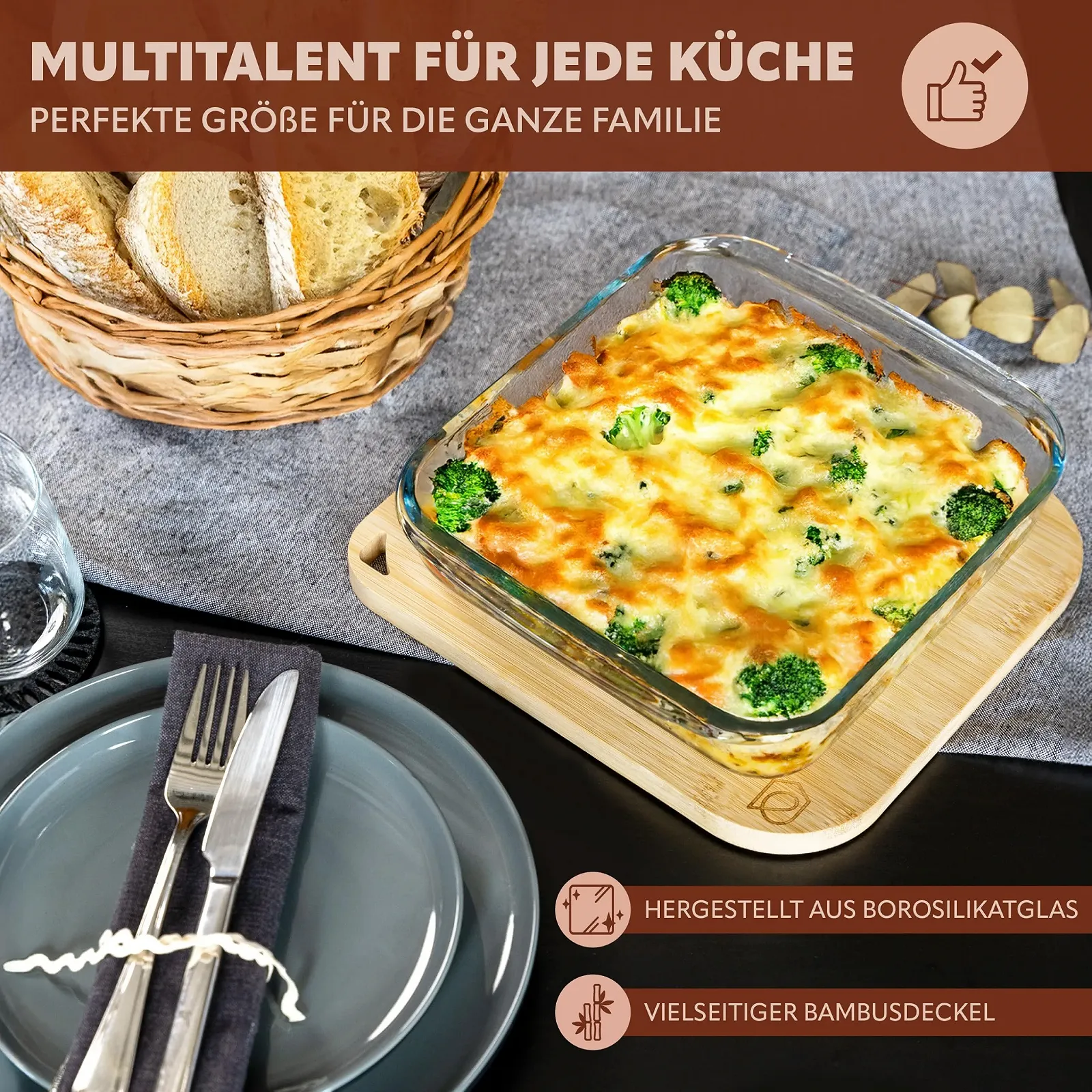 Стеклянная форма для запекания eluno с бамбуковой крышкой 1.8 л квадратная, фото №2