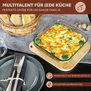 Стеклянная форма для запекания eluno с бамбуковой крышкой 1.8 л квадратная synthetic.ua - Фото 1