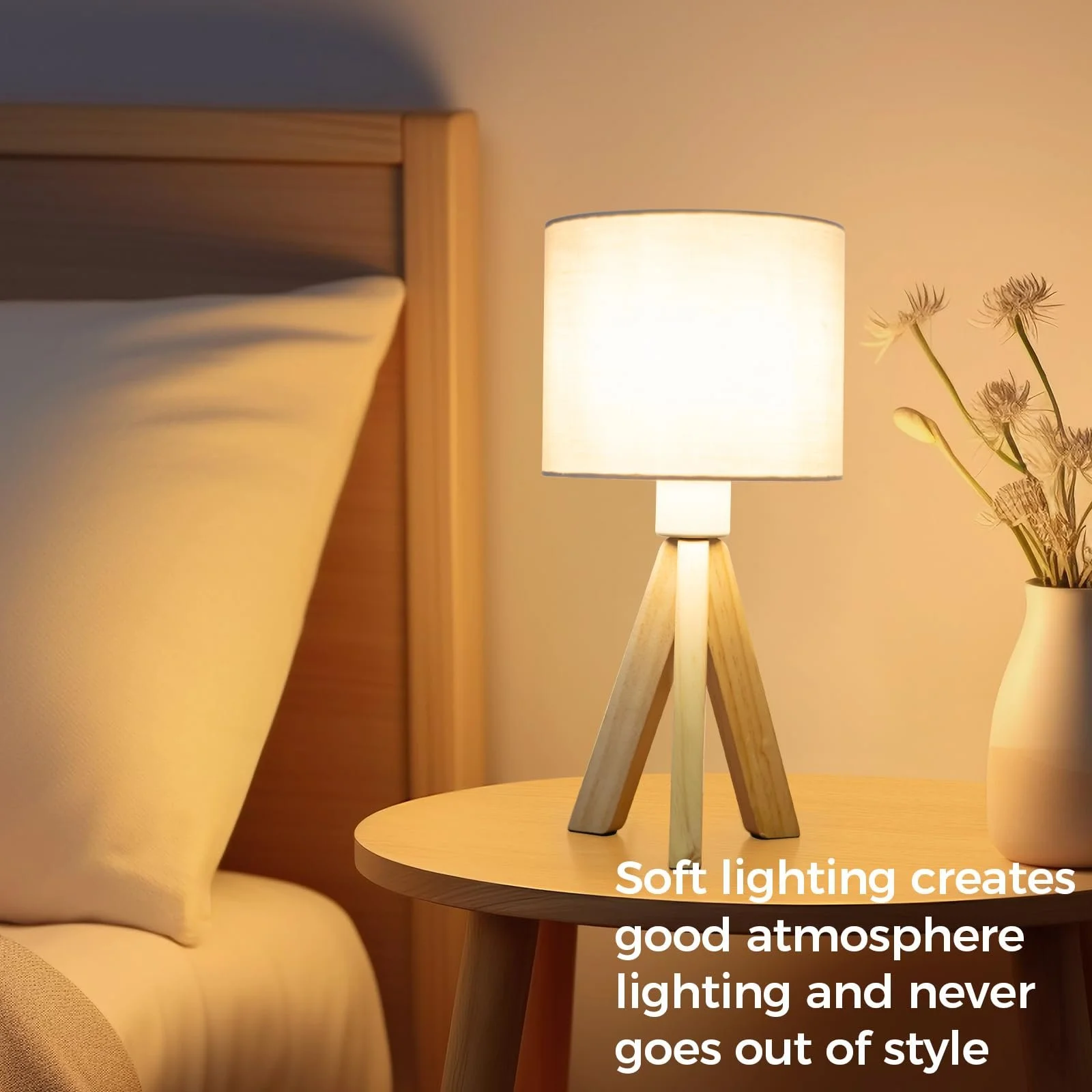 Настільна лампа Wooden Bedside Lamps вінтажна з лляним абажуром патрон E27 дизайн тринога, фото №5