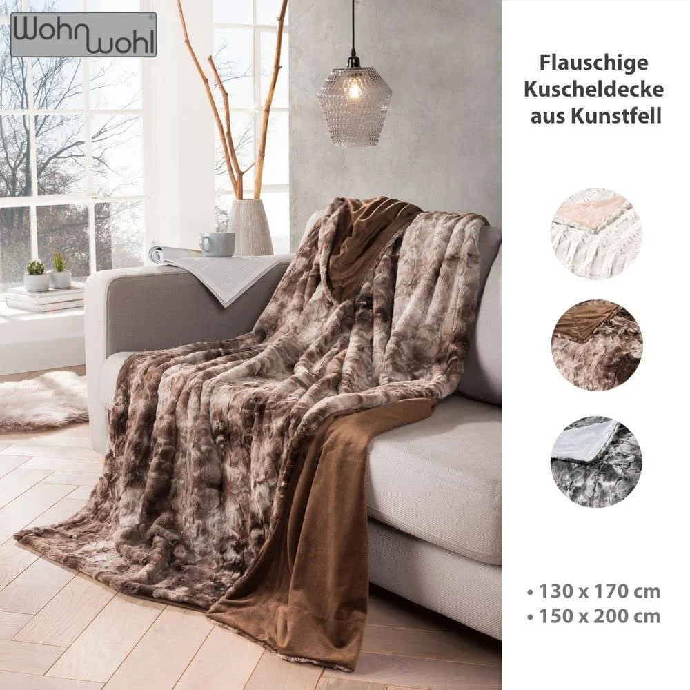 Плед WOHNWOHL Пухнастий, вигляд норкового хутра, штучне хутро, плед для дивану 130 x 170 см, колір: коричневий, фото №2