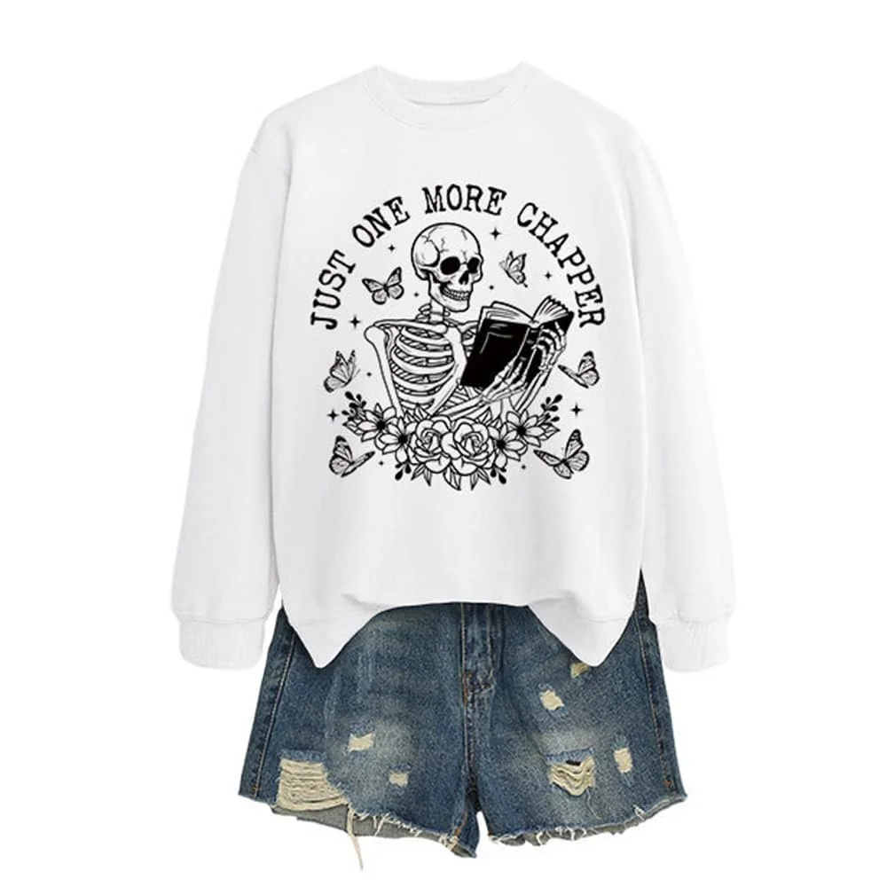 Женская толстовка MLZHAN Just One More Chapper Halloween, смешной скелет, читающий книгу, цветы, графический принт, длинный рукав, осенние топы, фото №3