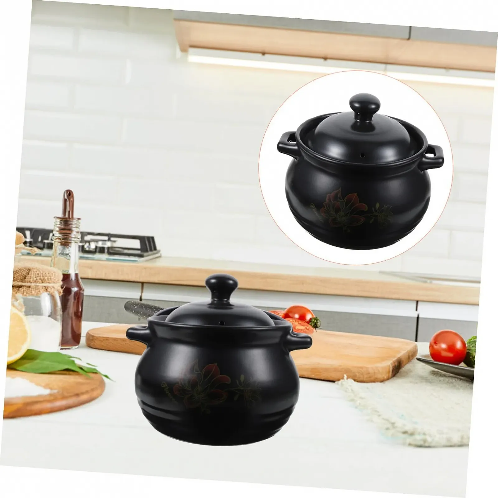 Керамическая кастрюля Toyvian Stoneware Pot для супа черная, фото №6