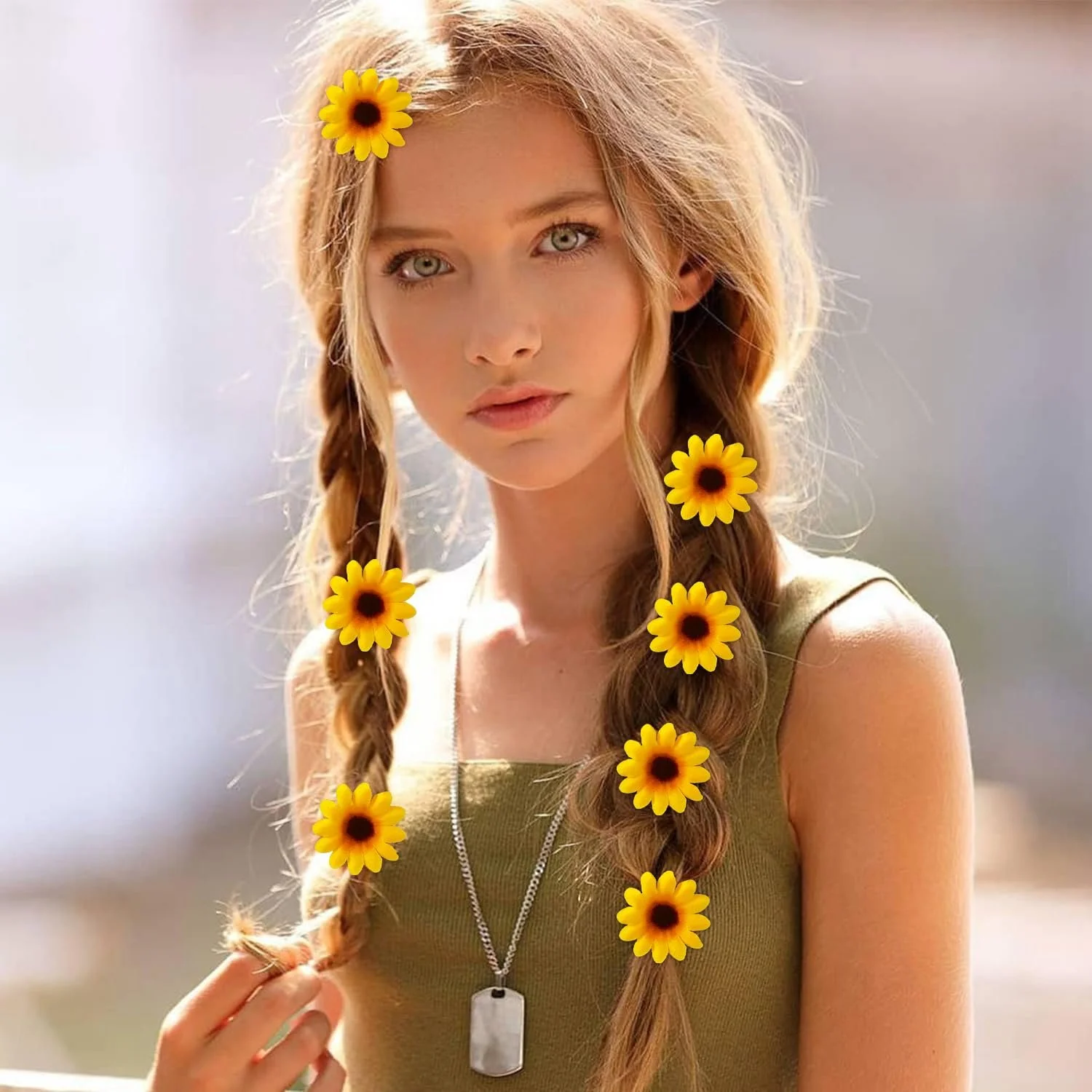 Вінок для волосся з ромашками і 12 маленьких шпильок з ромашками Жовтий, фото №4