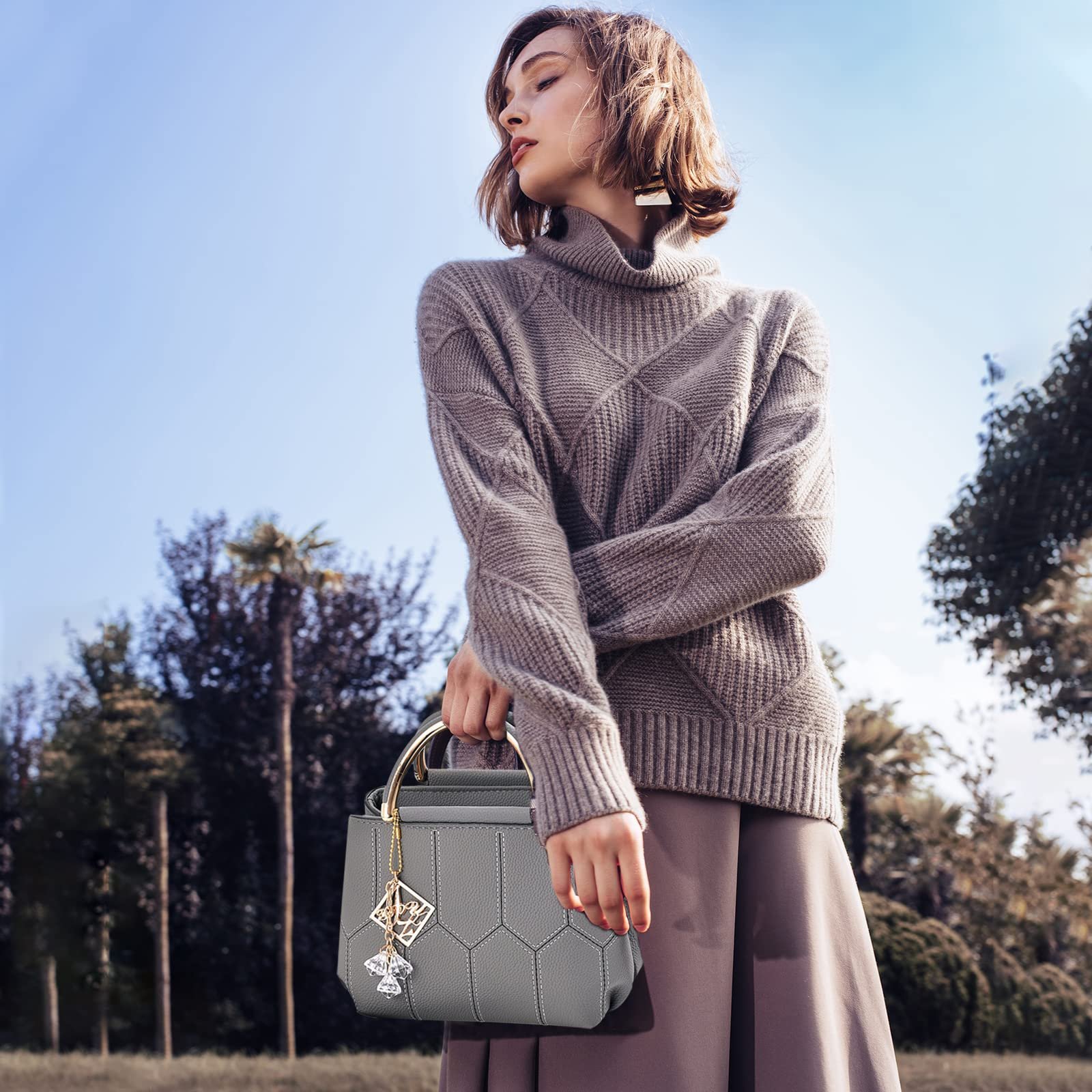 Сумка с верхней ручкой NICOLE & DORIS, маленькая, из искусственной кожи, темно-серая, с подвеской, фото №2