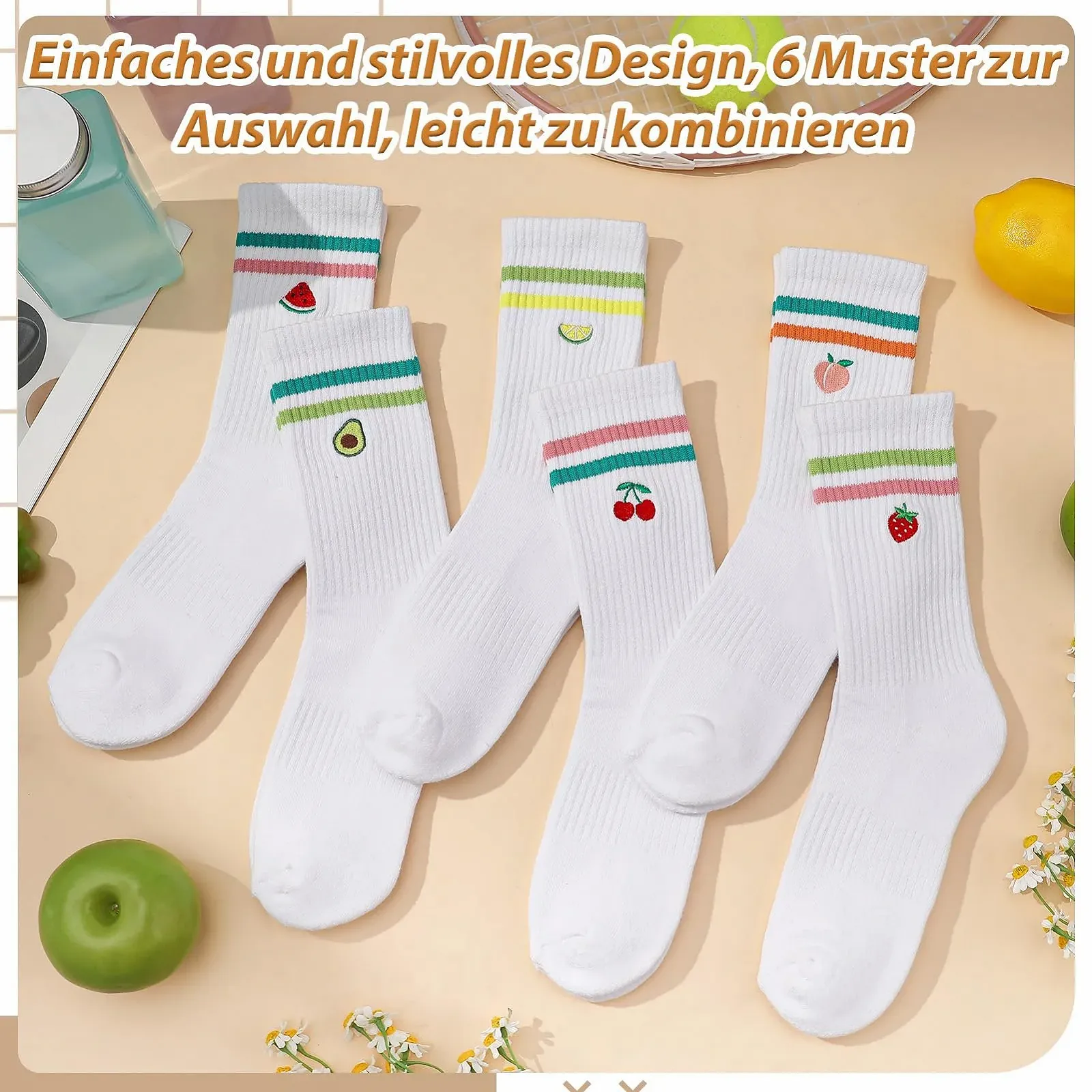 Тенісні шкарпетки Білі з фруктовим візерунком, 6 пар, розмір 38-42, фото №2