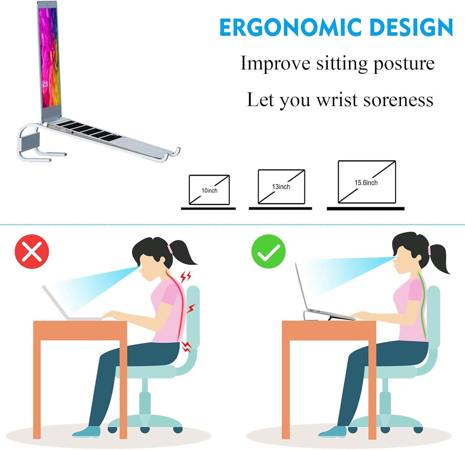 Підставка для ноутбука, алюмінієва підставка, ергономічна, для комп'ютера, тримач для ПК, з легкою вентиляцією для MacBook Pro/Air, Dell, HP, MateBook, для всіх ноутбуків 10-17 дюймів, срібна, фото №2