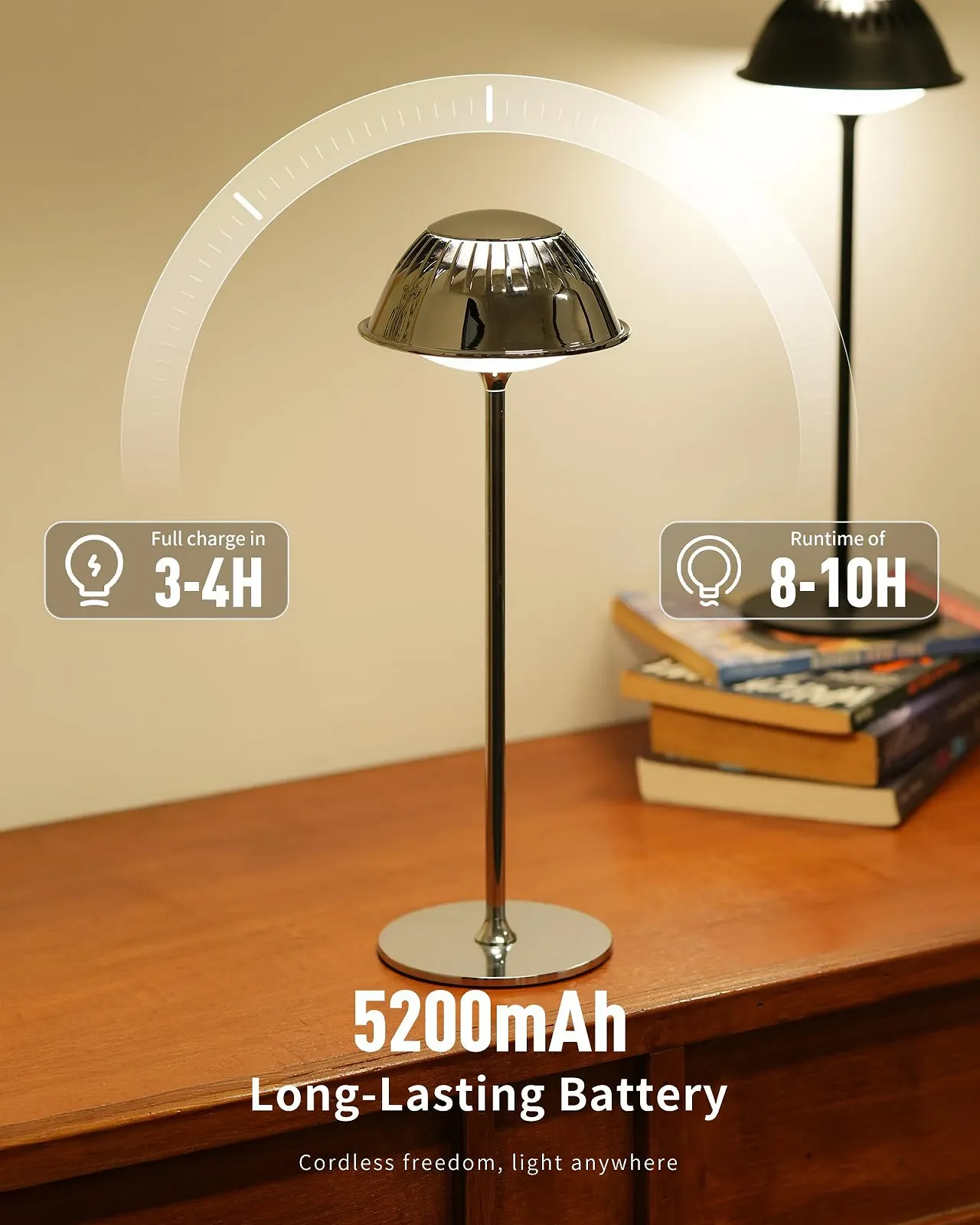Настільна лампа LED бездротова сенсорна регульована яскравість водонепроникна акумуляторна Сріблястий хром, фото №7