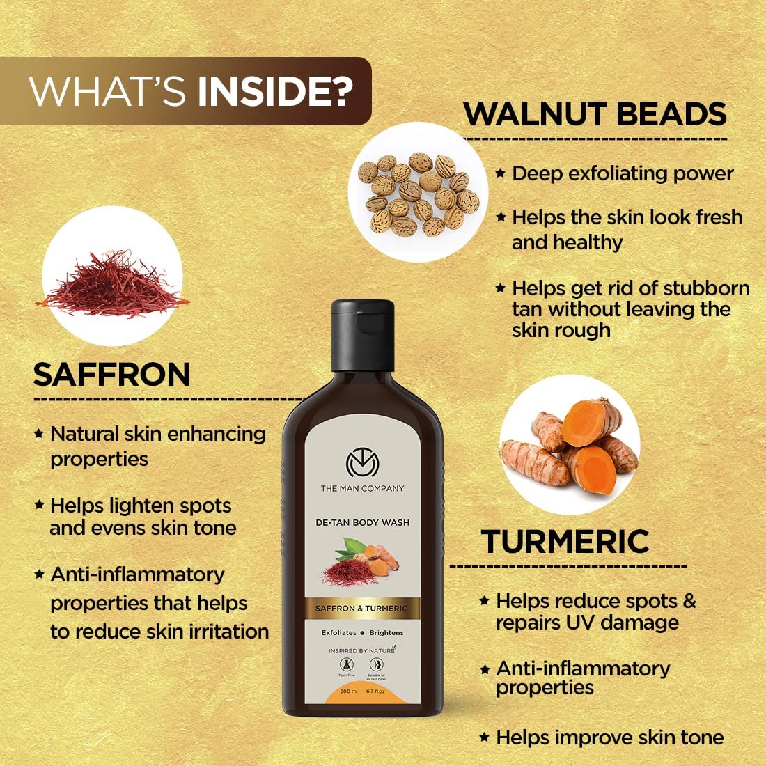Гель для душу The Man Company De Tan чоловічий з шафраном, куркумою та волоським горіхом 200 мл, фото №3 Гель для душу The Man Company De Tan чоловічий з шафраном, куркумою та волоським горіхом 200 мл, фото №3