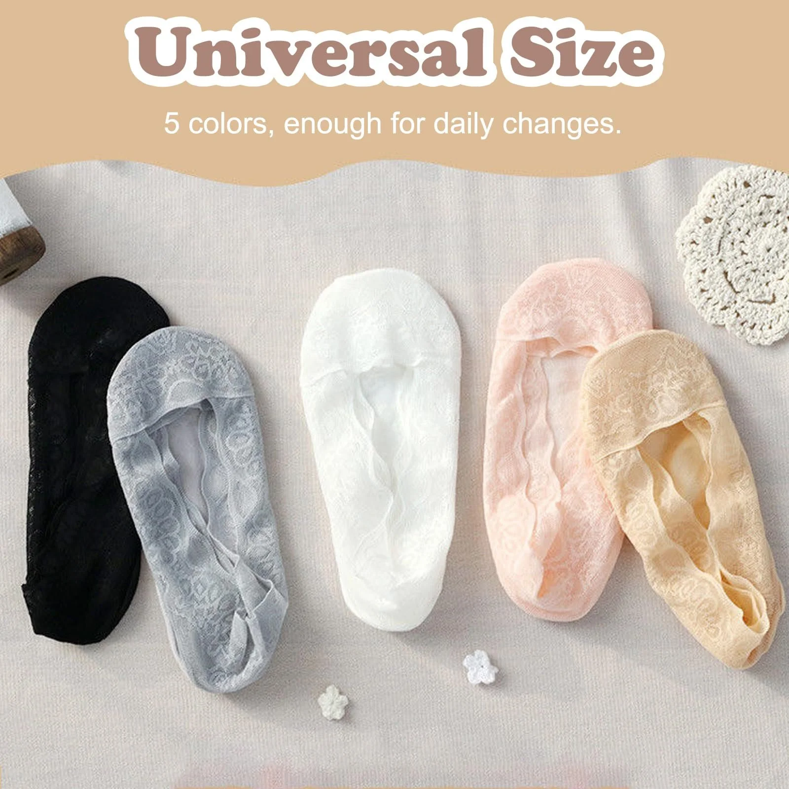 Носки-следки кружевные 5 пар, Кружевные невидимые носки-балетки, дышащие женские носки, невидимые, нескользящие кружевные носки, женские кружевные носки для лоферов, высоких каблуков, Черный, белый, фото №7