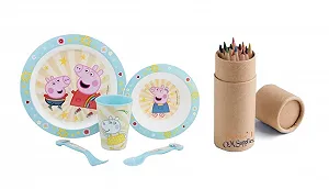 Набор детской посуды Peppa George Cartoon Character, 5 предметов, тарелка, миска, чашка и столовые приборы, не содержит BPA, можно использовать в микроволновой печи - Фото 1