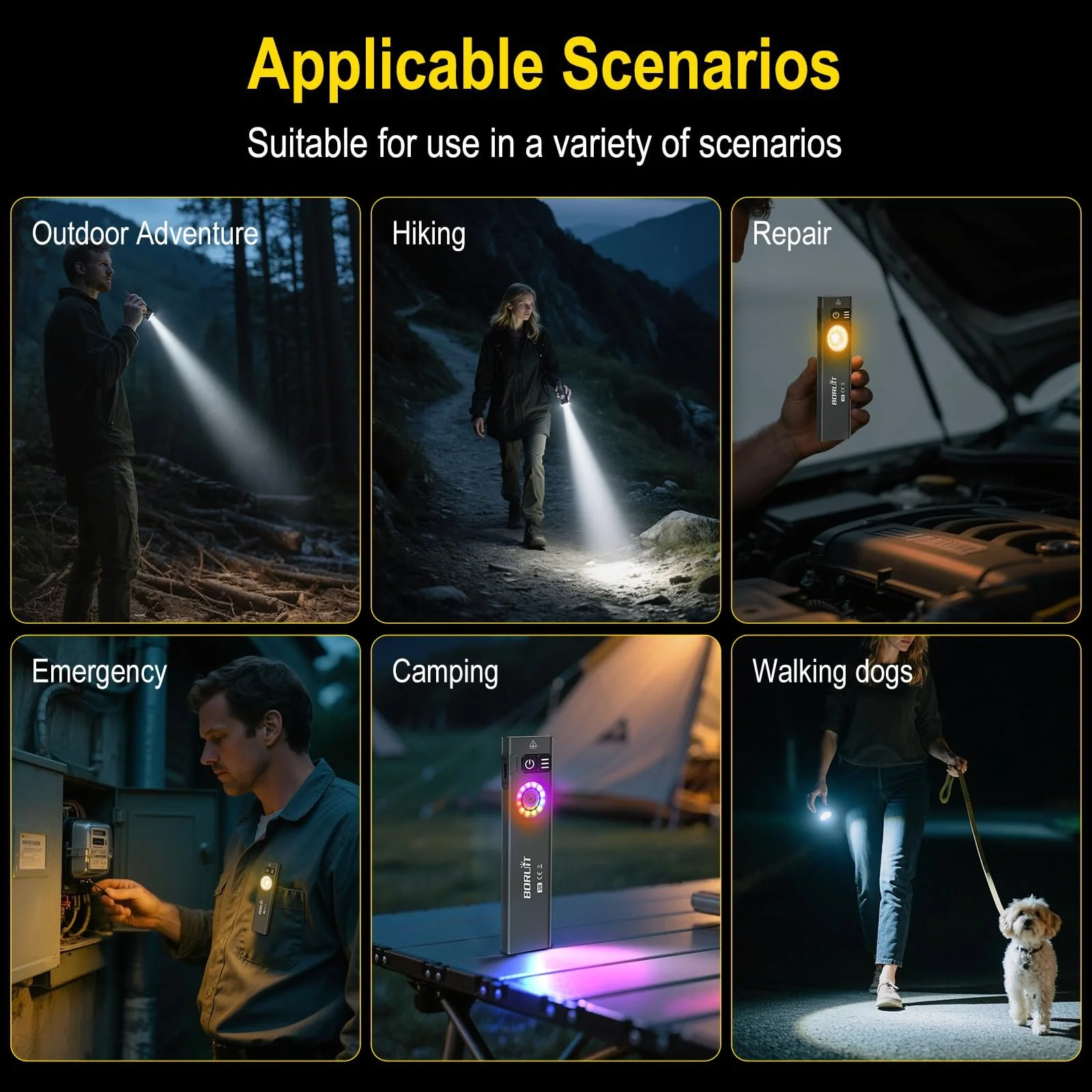 Ліхтар EDC BORUIT U8 LED Flat, 650 люмен, USB-C акумуляторний, з білим, жовтим та RGB світлом, IP67 водонепроникний, магнітна основа та кліпса, фото №8