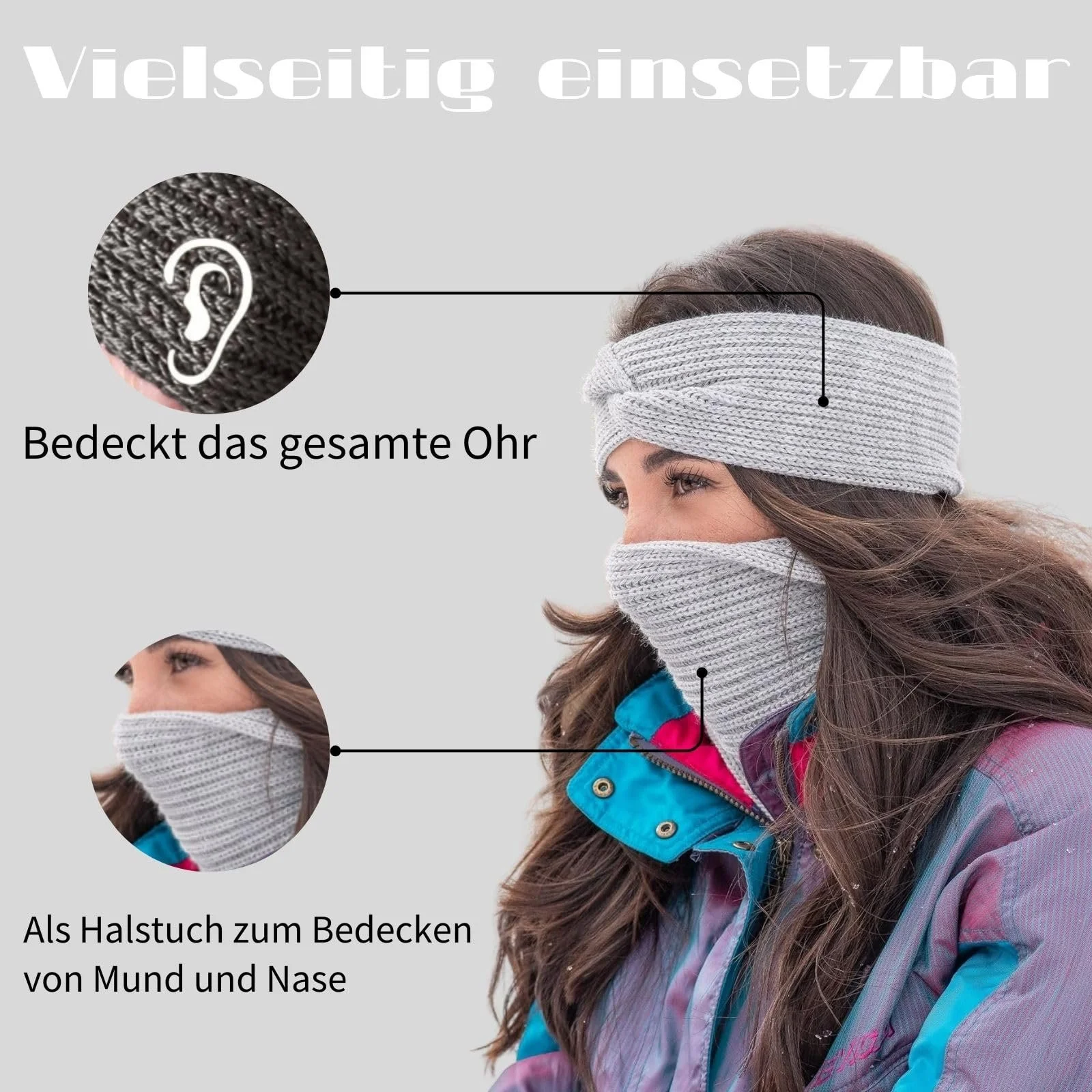 В'язана Зимова Пов'язка на Голову Beige + Grey + Pink, фото №4