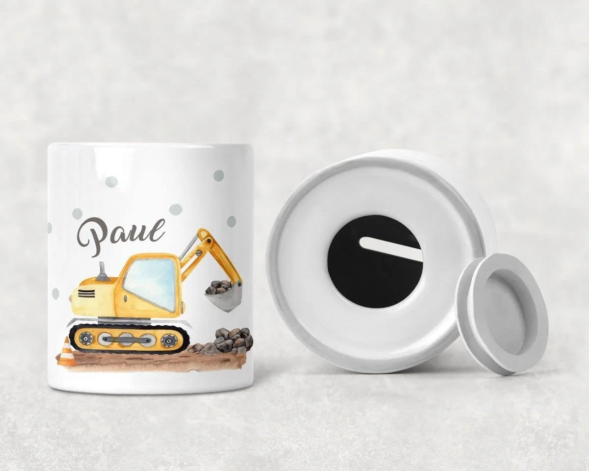 Скарбничка MIKALINO Excavator Екскаватор Керамічна Біла з ім'ям, фото №3