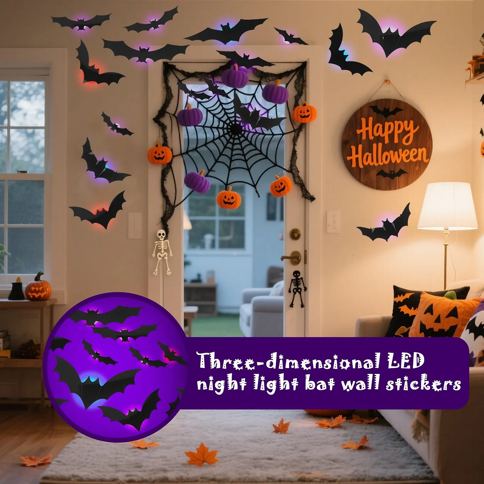 Настінна наклейка Halloween 3D Bat LED Lights 36 шт., фото №5