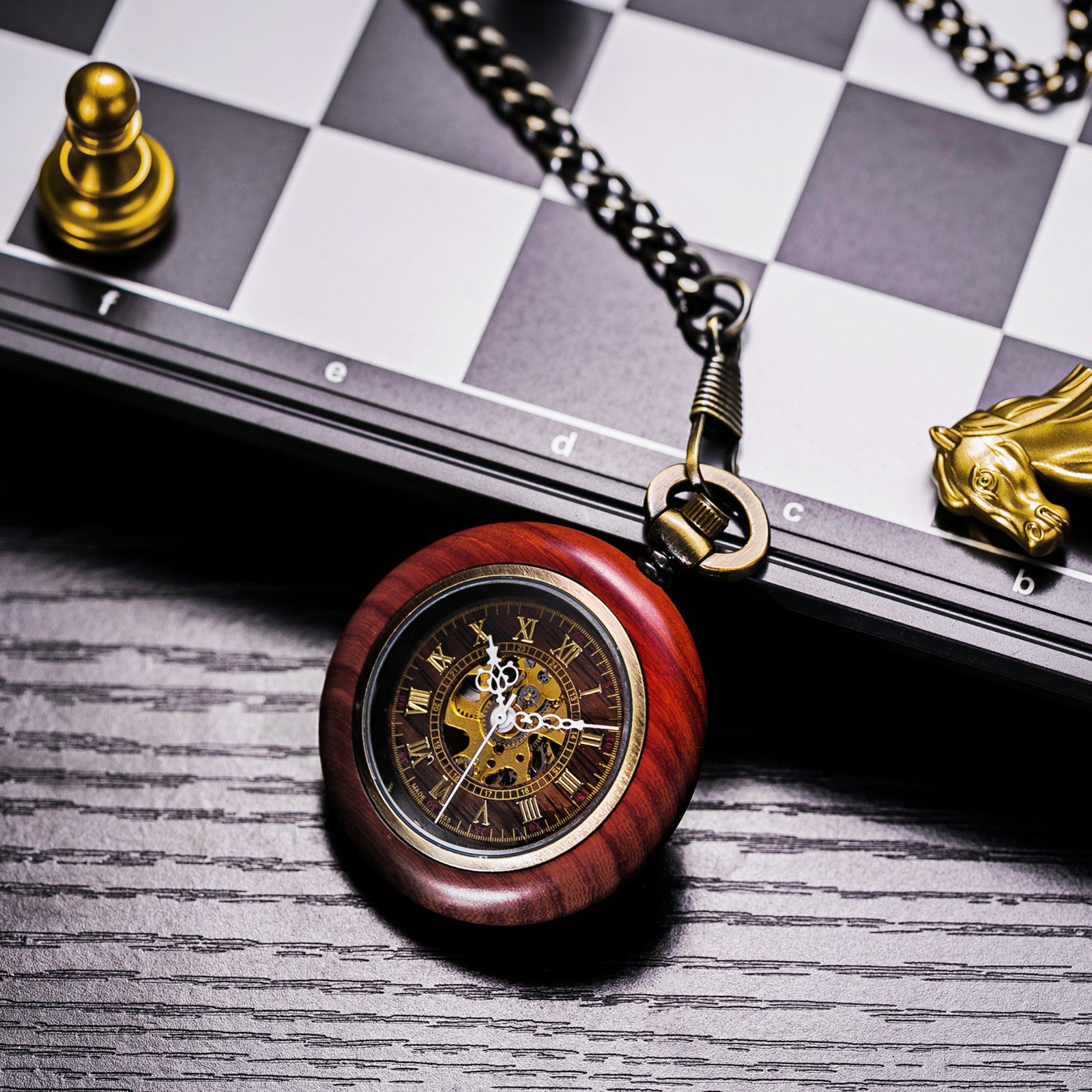 Карманные часы TREEWETO Vintage Wooden Automatic Mechanical Skeleton Dial С цепочкой + подарочная коробка, фото №5