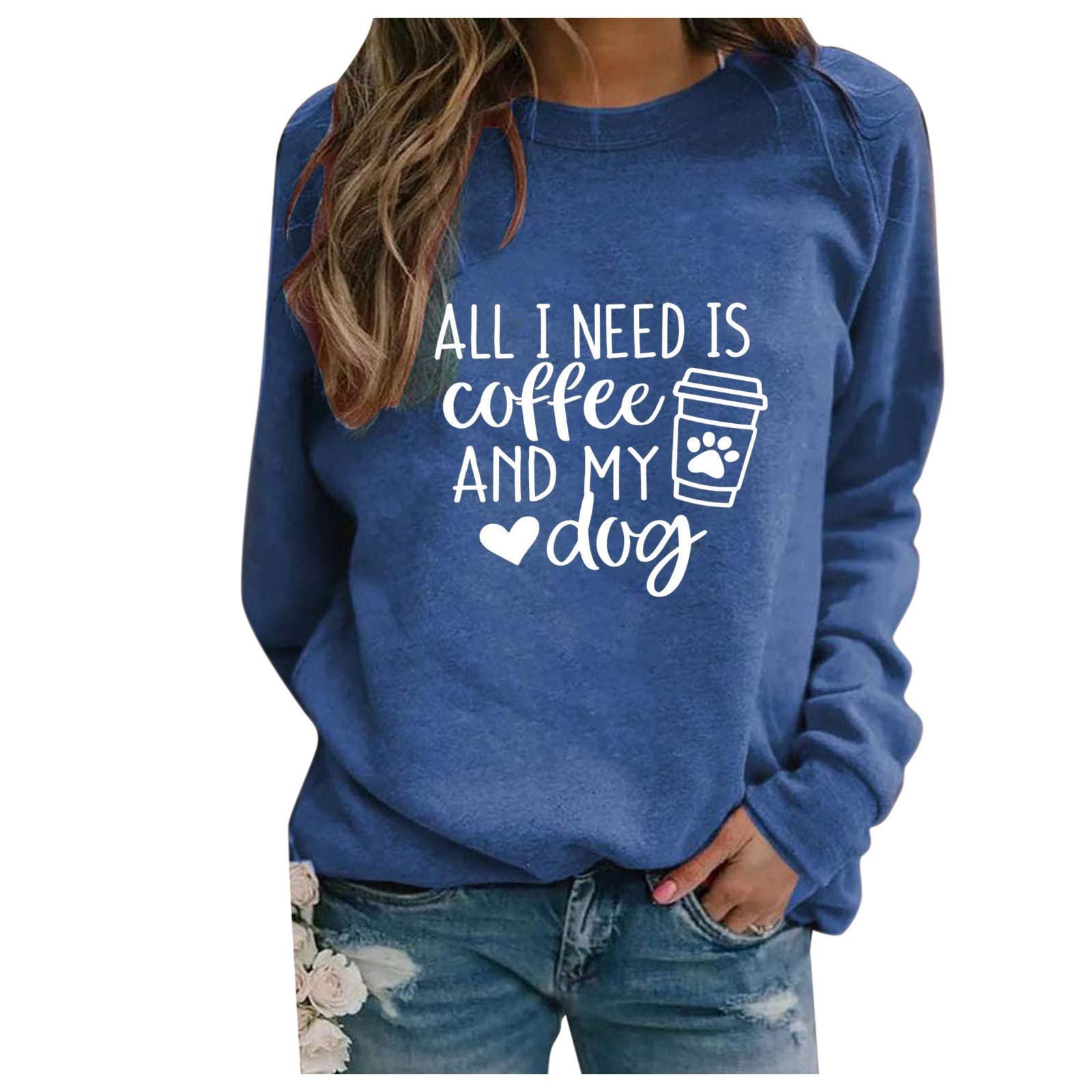 Женский Свитер All I Need Is Coffee and My Dog Свободный Однотонный Круглый вырез, фото №1