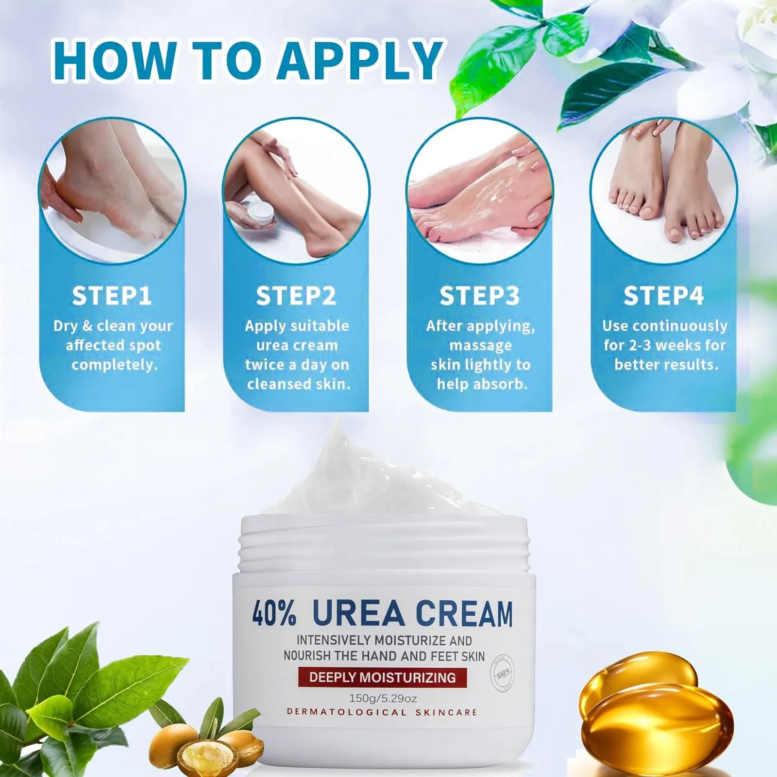 Крем для ног Urea 40% с гиалуроновой кислотой, чайным деревом и алоэ вера для пяток, рук и коленей, 150 г, фото №5