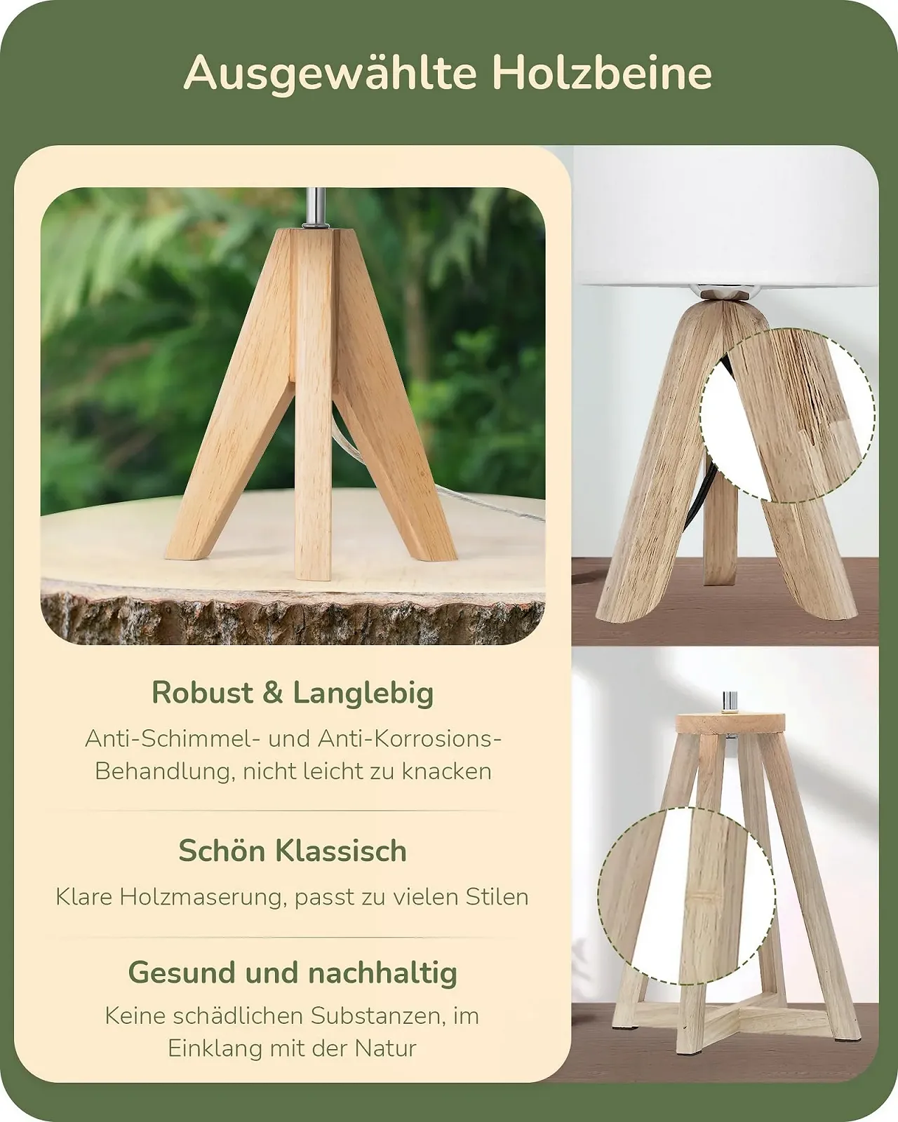 Настільна лампа EDISHINE Vintage Tripod Wooden Linen Lampshade E27 Зелена, фото №2