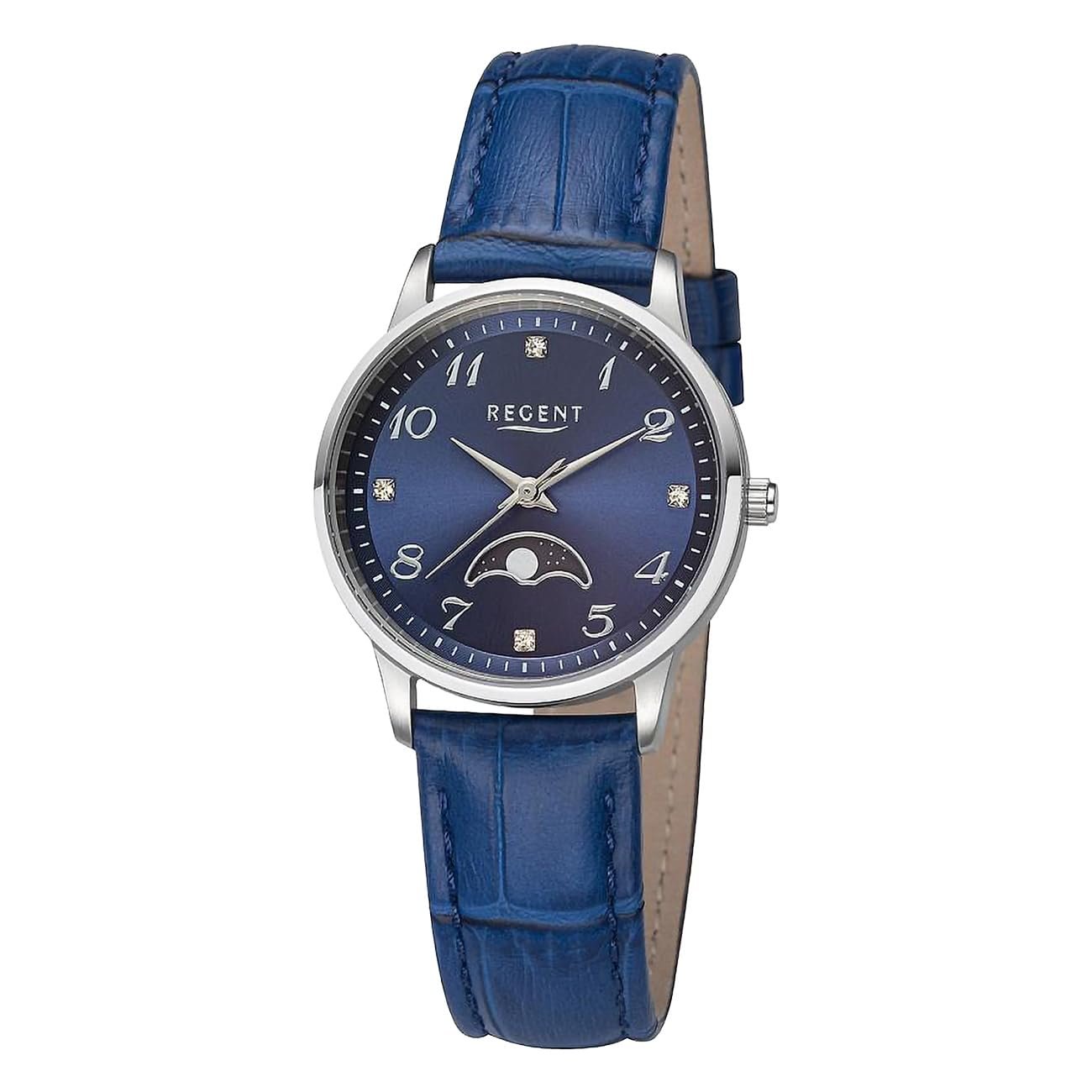 Женские аналоговые часы REGENT UR2112552, кожаный ремешок, синий, серебристо-синий ремешок, фото №1