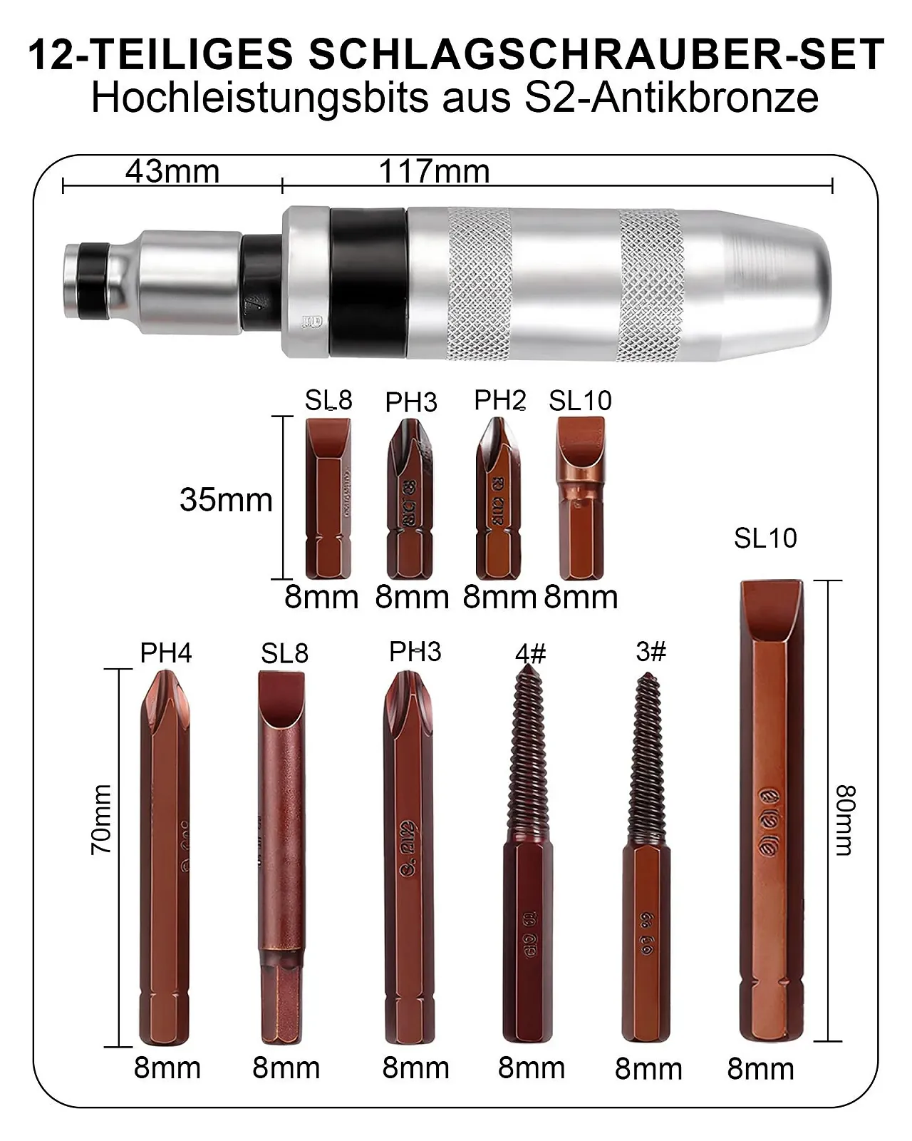 Набір ударних викруток 12 шт. 1/2 дюйма для видалення гвинтів S2, фото №2