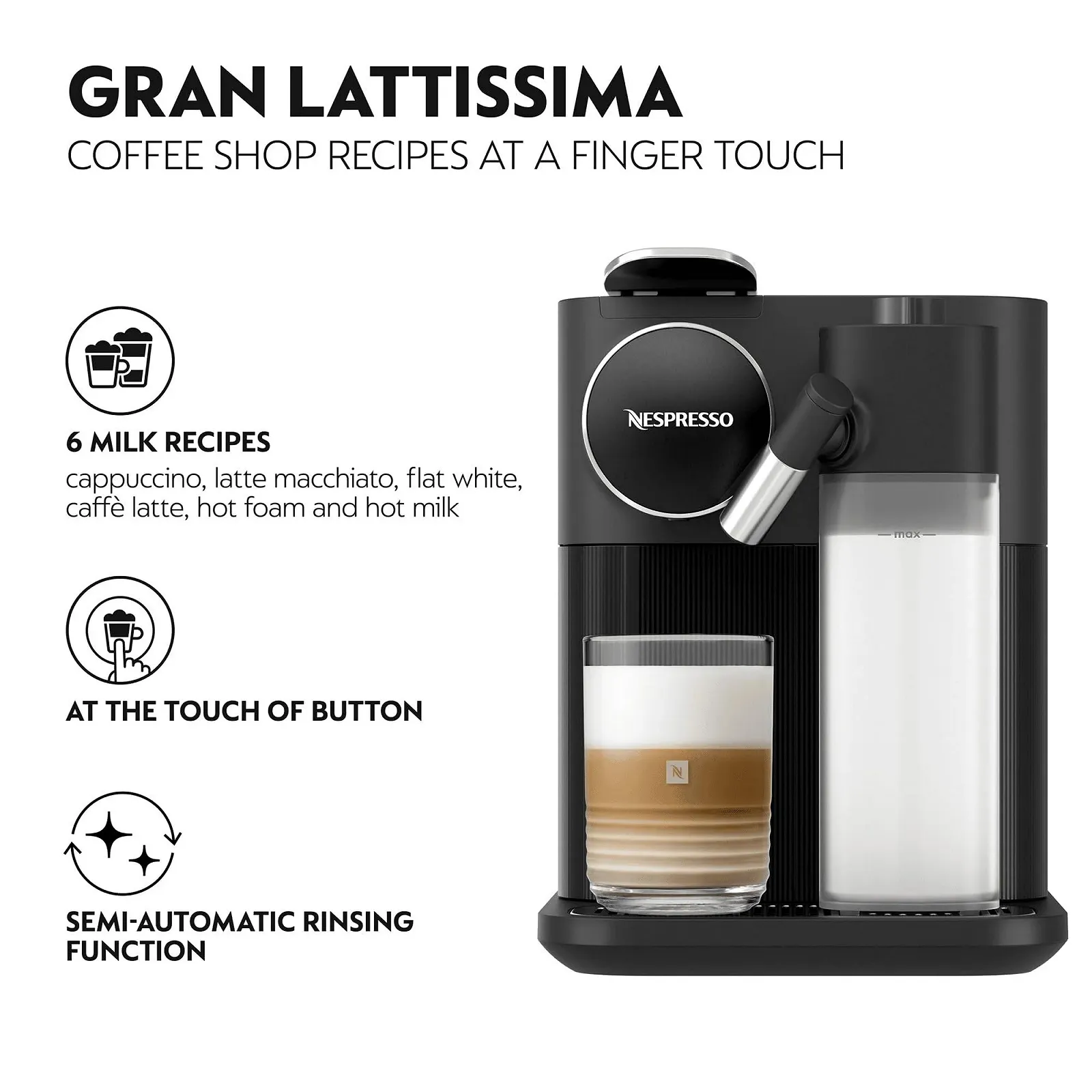 Капсульная кофемашина Nespresso De'Longhi EN640.B Gran Lattissima с автоматической системой приготовления молока, давление 19 бар, 1400 Вт, черная, фото №3 Капсульная кофемашина Nespresso De'Longhi EN640.B Gran Lattissima с автоматической системой приготовления молока, давление 19 бар, 1400 Вт, черная, фото №3
