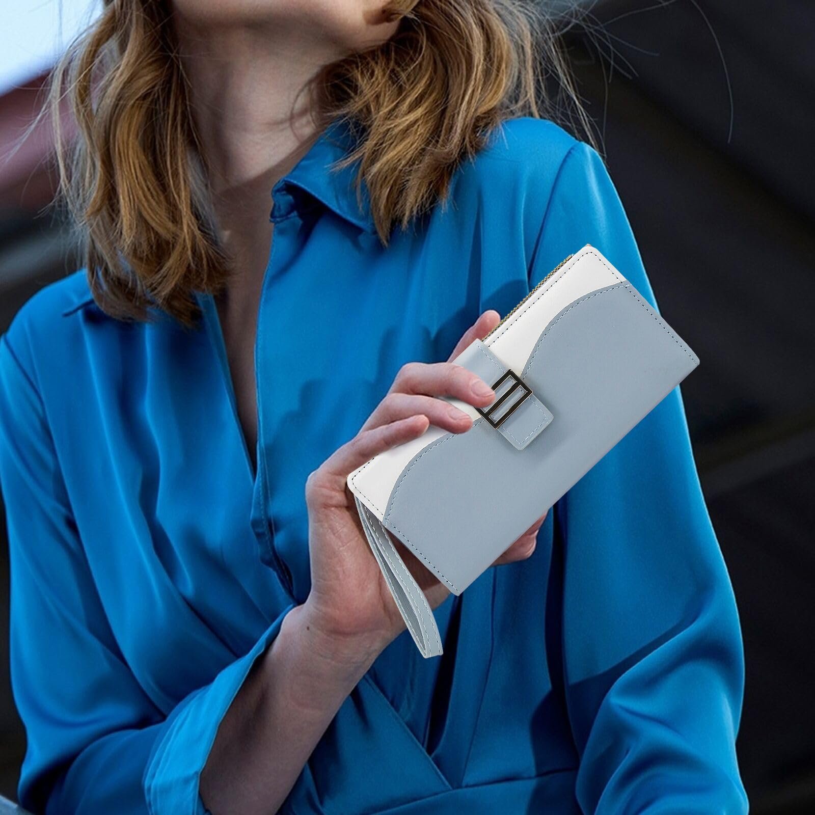 Кошелек Bifold AdiStylinno Женский Искусственная кожа PU Большой Вместимости Длинный Кошелек Тонкий Держатель для Карт на Молнии с Множеством Отделений для Карт и Ремешком на Запястье, синий, Modern, фото №6