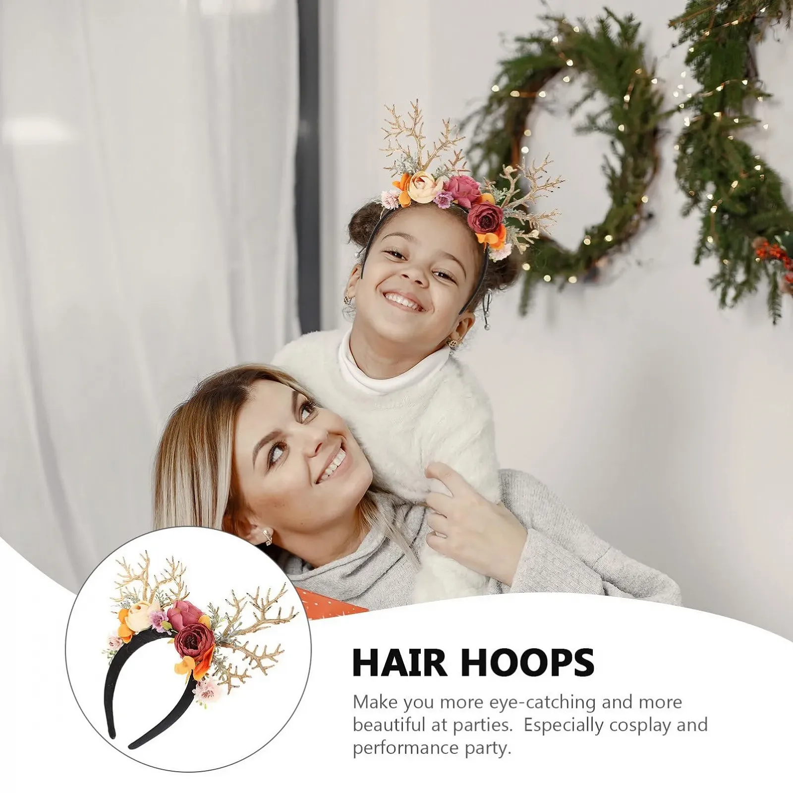Обруч для волосся Різдвяні оленячі роги з квітами SEWACC, фото №5 Обруч для волосся Різдвяні оленячі роги з квітами SEWACC, фото №5