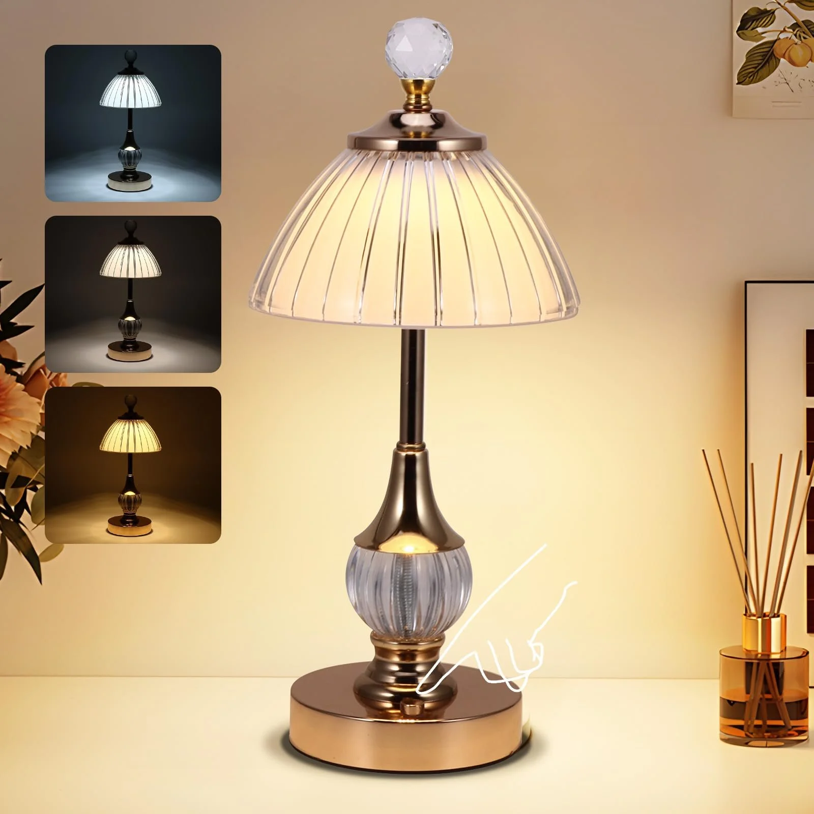 Настільна лампа ALLOMN кришталева світлодіодна акумуляторна сенсорна золота, фото №1