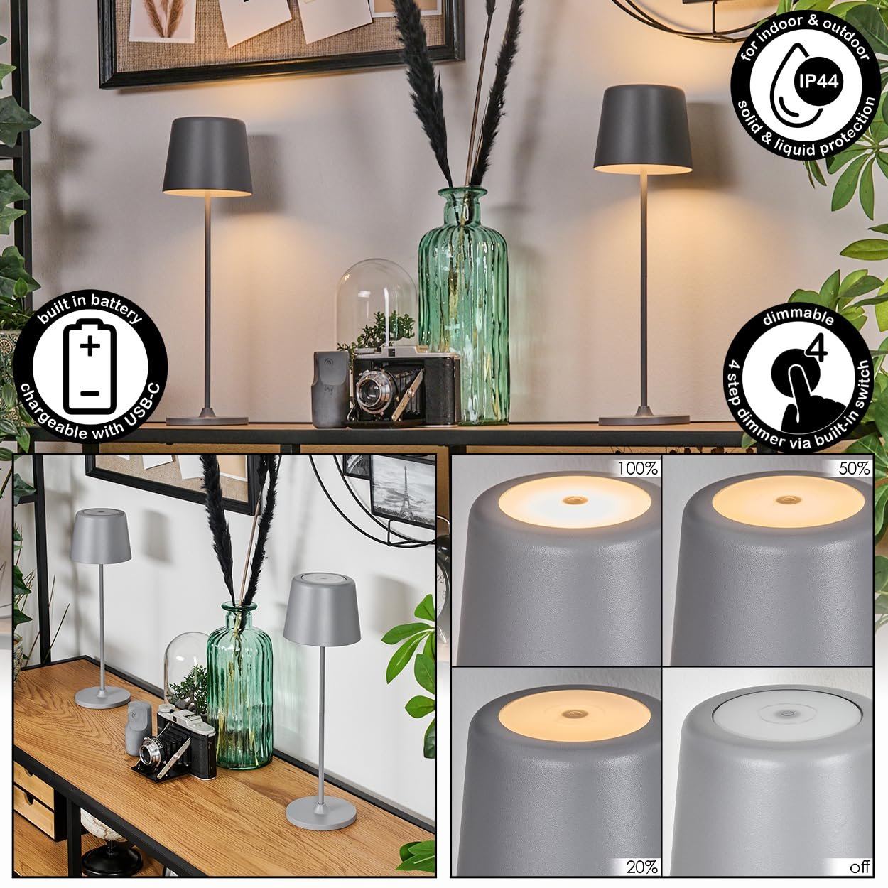Настільна лампа HOFSTEIN Belece LED набір з 2 шт димована металева/пластикова 37 см USB-C акумуляторна IP44 сіра/біла, фото №2