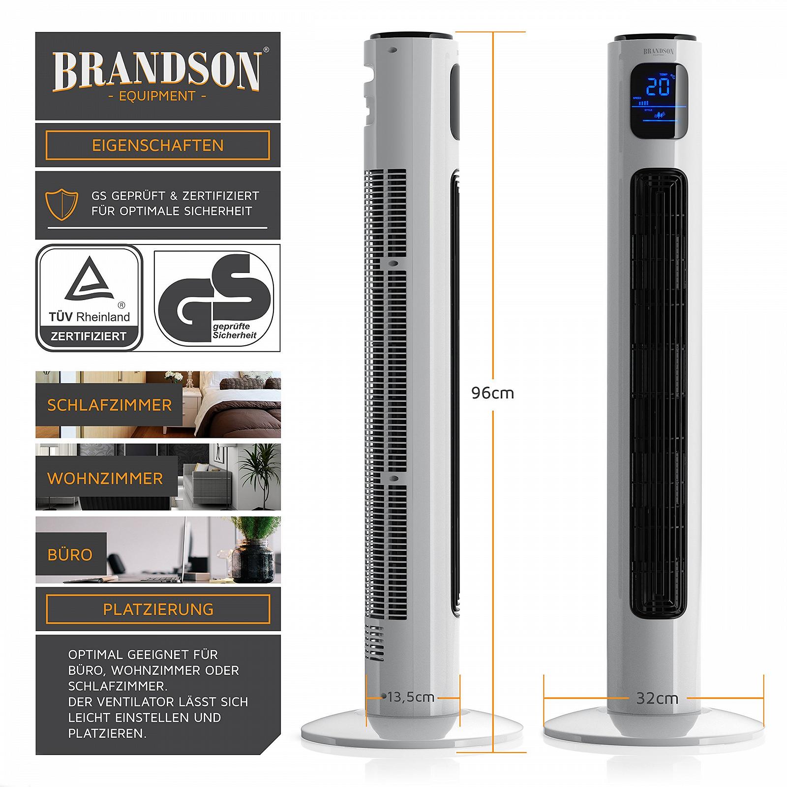 Вентилятор колонный Brandson с пультом ДУ, с осцилляцией, 96 см, 45 Вт, 3 скорости, таймер, осцилляция 60°, модель 2020, полярно-белый, фото №3