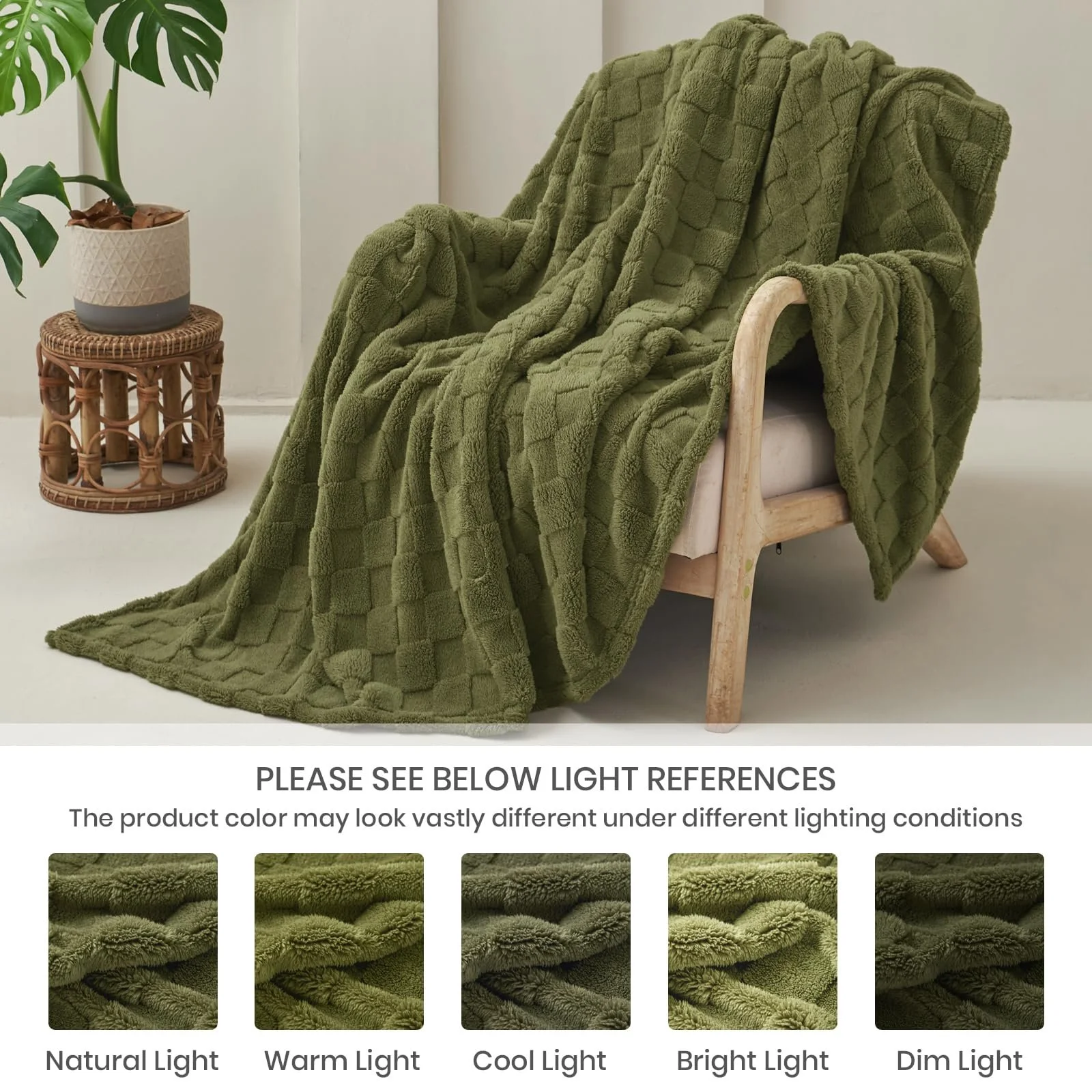 Плед Good Nite Пушистый, Можно Использовать как Покрывало, Плед для Дивана, Для Использования в Помещении и на Открытом Воздухе, Зимний, Осенний Плед, Теплый и Уютный Клетчатый Узор (150 x 200 см, Оливково-Зеленый), фото №6