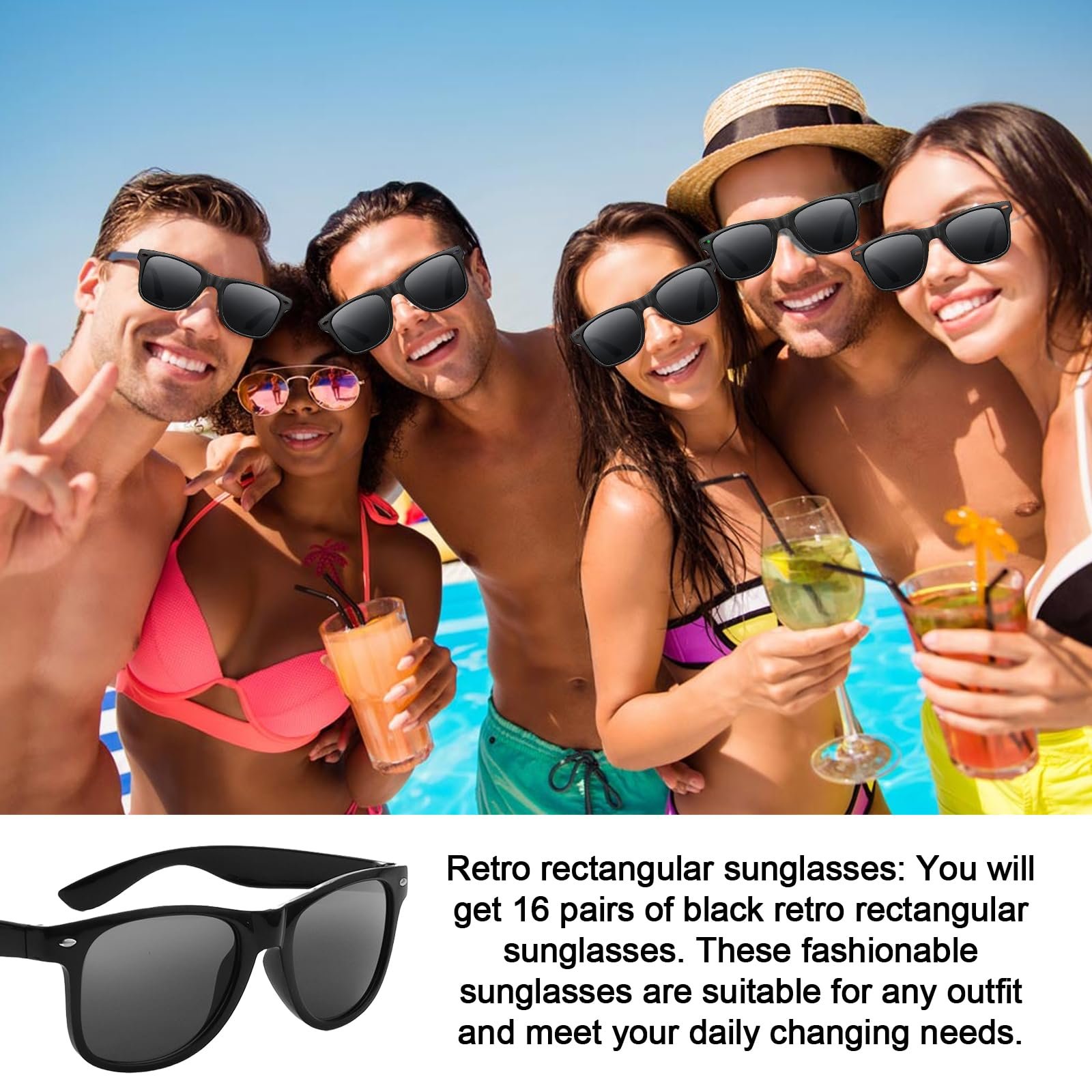 Вінтажні прямокутні сонцезахисні окуляри, 16 штук, чорні, фото №3 Вінтажні прямокутні сонцезахисні окуляри, 16 штук, чорні, фото №3