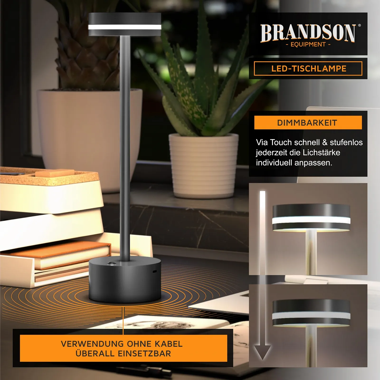 Настільна лампа світлодіодна Brandson бездротова з димуванням 3 режими освітлення акумулятор 3600 мАг 28 SMD LED компактна, фото №4